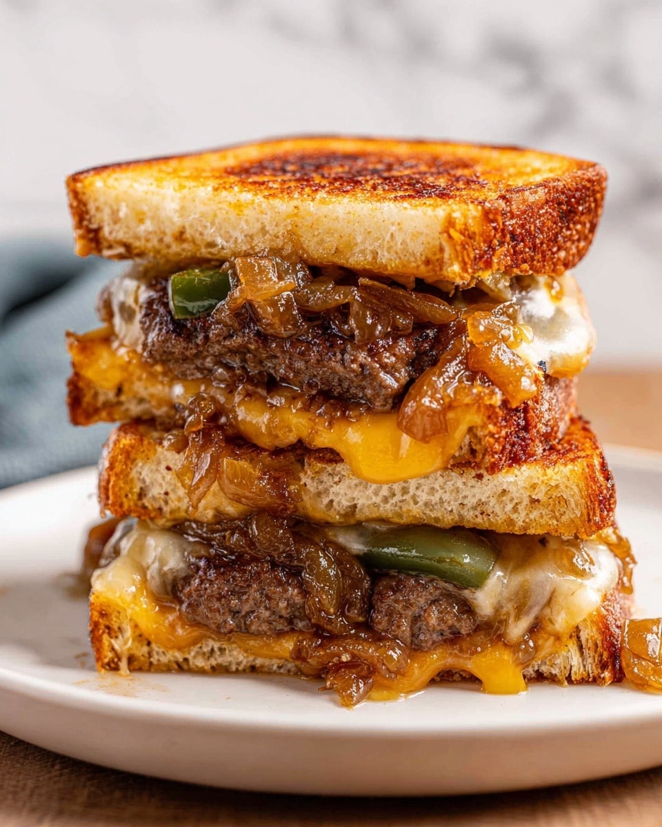 Beef Patty Melt with Caramelized Onions, Green Peppers, and Gruyère Cheese Recipe - Recipe Image