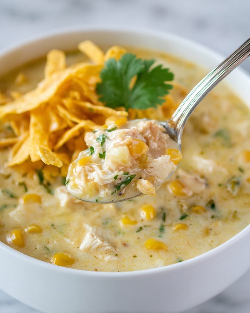 A white bowl filled with creamy soup that has a light beige color, mixed with green herbs throughout. On the left side of the bowl, there is a layer of crushed yellow tortilla chips. In the center, a small pile of shredded orange and white cheese is topped with a dollop of white sour cream, garnished with chopped green herbs and a single large green cilantro leaf. A silver spoon rests on the right side inside the bowl. The bowl is placed on a white marbled surface with a bunch of fresh green cilantro nearby and a white cloth with black stripes partially visible on the left side. Photo taken with an iphone --ar 4:5 --v 7