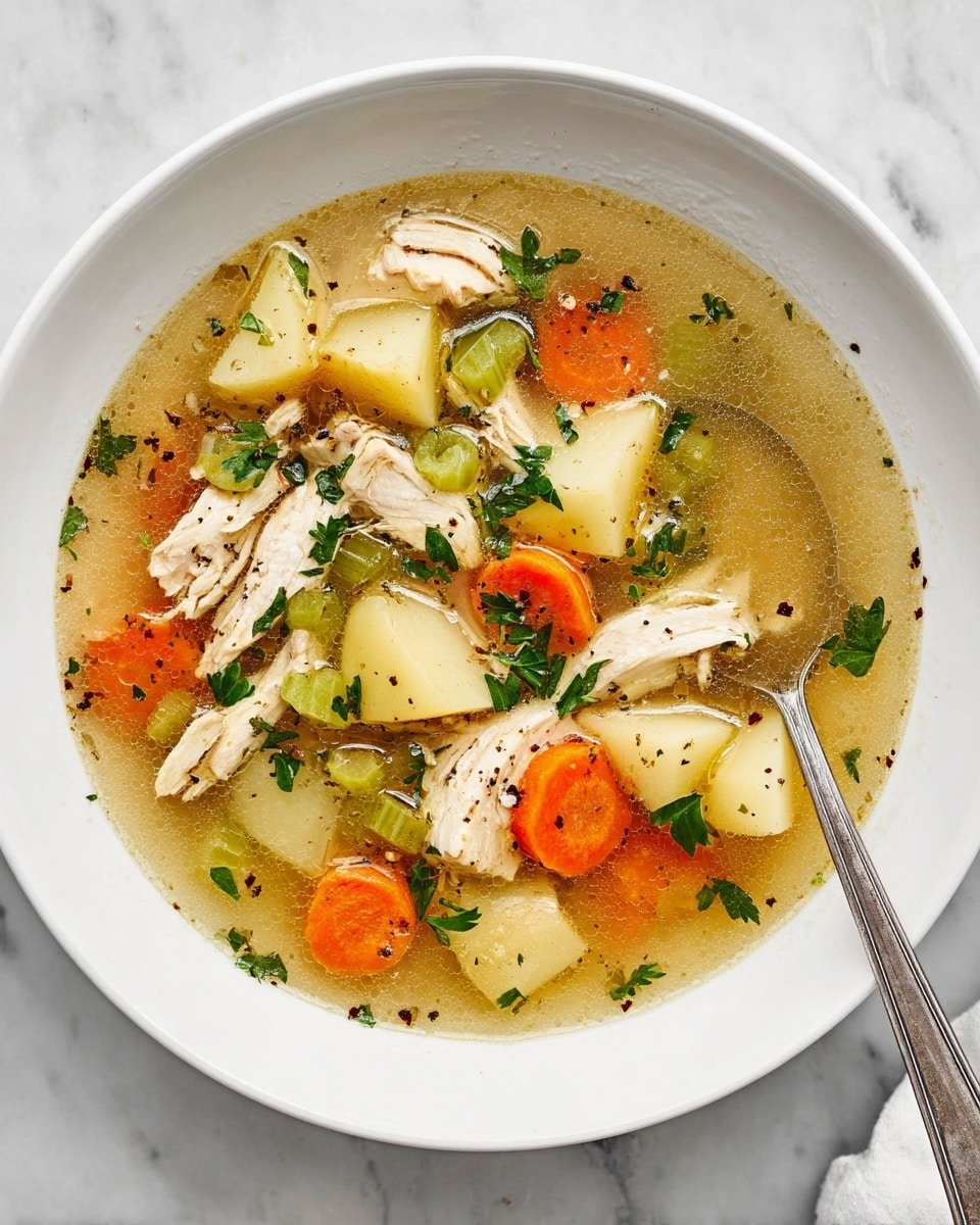 The image shows a white bowl filled with clear chicken soup, containing several layers of ingredients visible through the broth. On the bottom are orange carrot slices and light yellow potato chunks. Above that are pieces of white cooked chicken layered unevenly around the bowl. There are also light green celery slices scattered throughout, along with small green parsley leaves as garnish on top. The broth is light golden and dotted with black pepper flakes. A silver spoon rests inside the bowl on the right side. The bowl is placed on a white marbled surface. Photo taken with an iphone --ar 4:5 --v 7