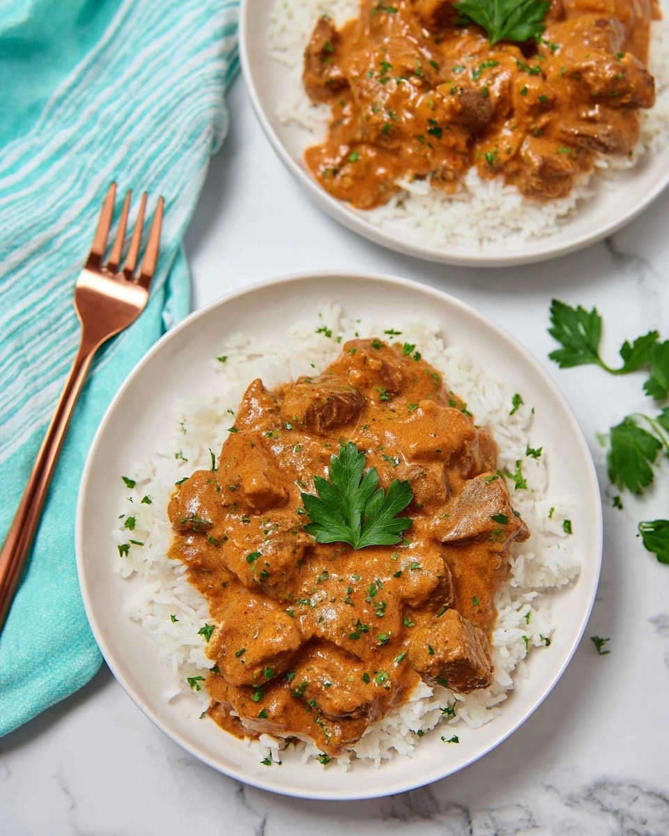 A white plate holds two main layers: on the right, a bed of plain white rice with a fluffy texture and small grains, and on the left, a thick layer of creamy, light brown chicken curry with chunks of tender chicken mixed in a rich sauce speckled with green herbs and small bits of tomatoes or spices, topped with a small green parsley leaf garnish in the center. The plate sits on a white marbled surface and a fork with a blue handle is partially visible in the upper left background. Photo taken with an iphone --ar 4:5 --v 7