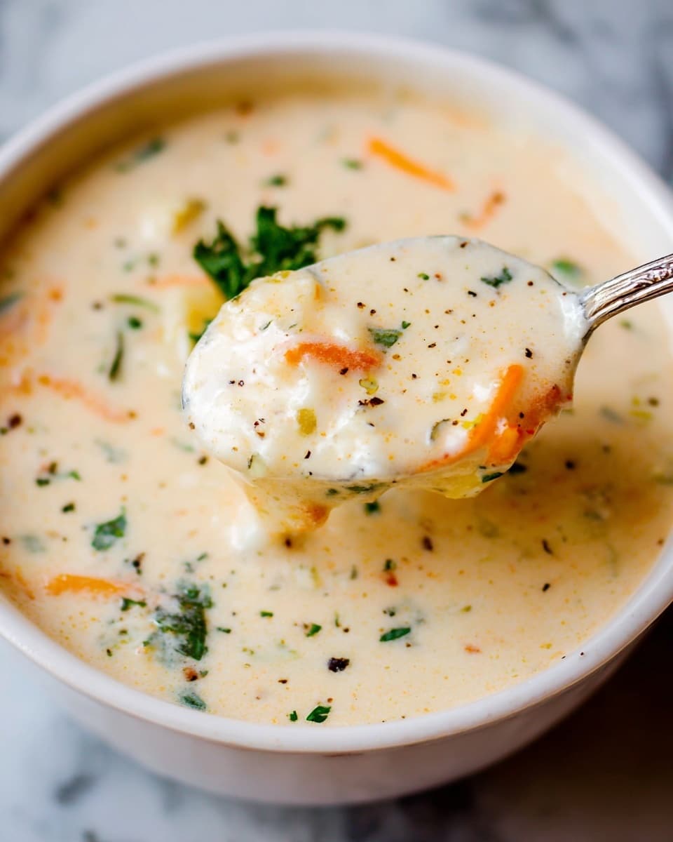 A close-up view of a thick creamy soup in a white bowl with a spoon lifting a portion. The soup is pale beige with visible small soft chunks, thin orange strips, and green herb pieces scattered throughout. The spoon shows the creamy texture with a mix of smooth liquid and small solid bits. The soup surface is dotted with some black pepper flakes and finely chopped herbs. The setting has a white marbled background. Photo taken with an iphone --ar 4:5 --v 7
