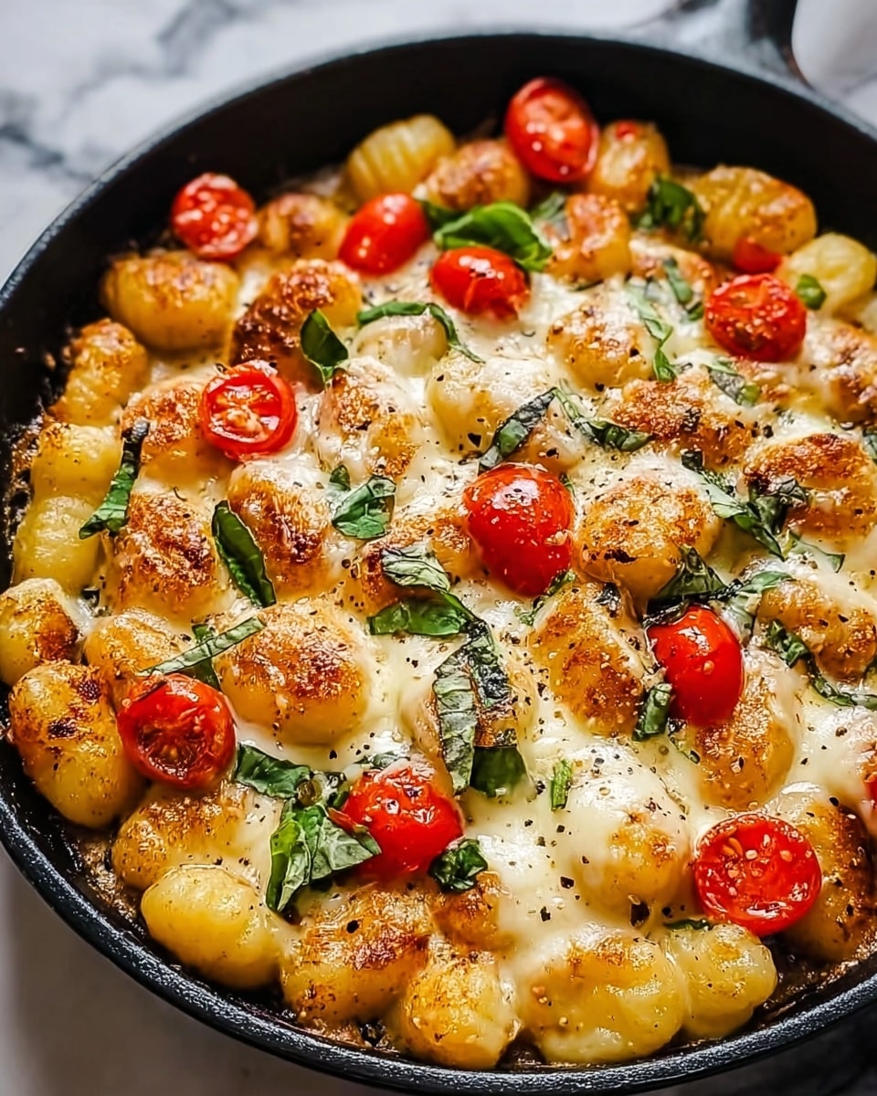 A close-up view of a black skillet filled with a single layer of small, golden brown gnocchi and pieces of browned chicken, mixed with small bits of orange carrot. The gnocchi are lightly crispy on the outside and coated with herbs and melted cheese sprinkled on top. There are small green parsley leaves scattered over the dish. The skillet is placed on a wooden surface with a white marbled background photo taken with an iphone --ar 4:5 --v 7