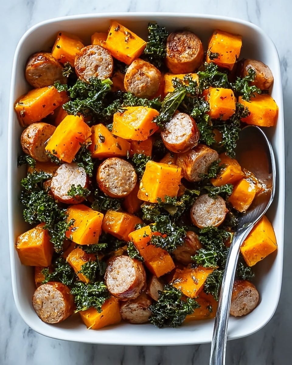 A white square bowl is filled with a layered dish of roasted ingredients. The bottom and middle layers show chunky bright orange pieces with a soft texture, likely roasted sweet potatoes or squash. Scattered and mixed within are round slices of browned sausage, showing a slightly crispy texture on the edges. Small clusters of dark green leafy bits, possibly kale or herbs, are spread evenly on top, adding contrast and color, with a light glossy coating over everything suggesting a bit of oil or sauce. A metal spoon rests on the right side inside the bowl. The bowl sits on a white marbled surface. photo taken with an iphone --ar 4:5 --v 7