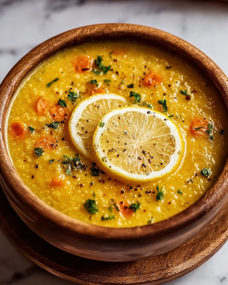 A bowl of thick yellow soup with orange chunks, likely carrots, spread throughout. The soup has a slightly grainy texture and is topped with two thin lemon slices placed side by side in the center. Small green herb pieces are scattered around the lemon slices and across the soup's surface, with a light sprinkling of black pepper. The soup is served in a round wooden bowl sitting on a white coaster, with a white marbled surface underneath. Photo taken with an iphone --ar 4:5 --v 7