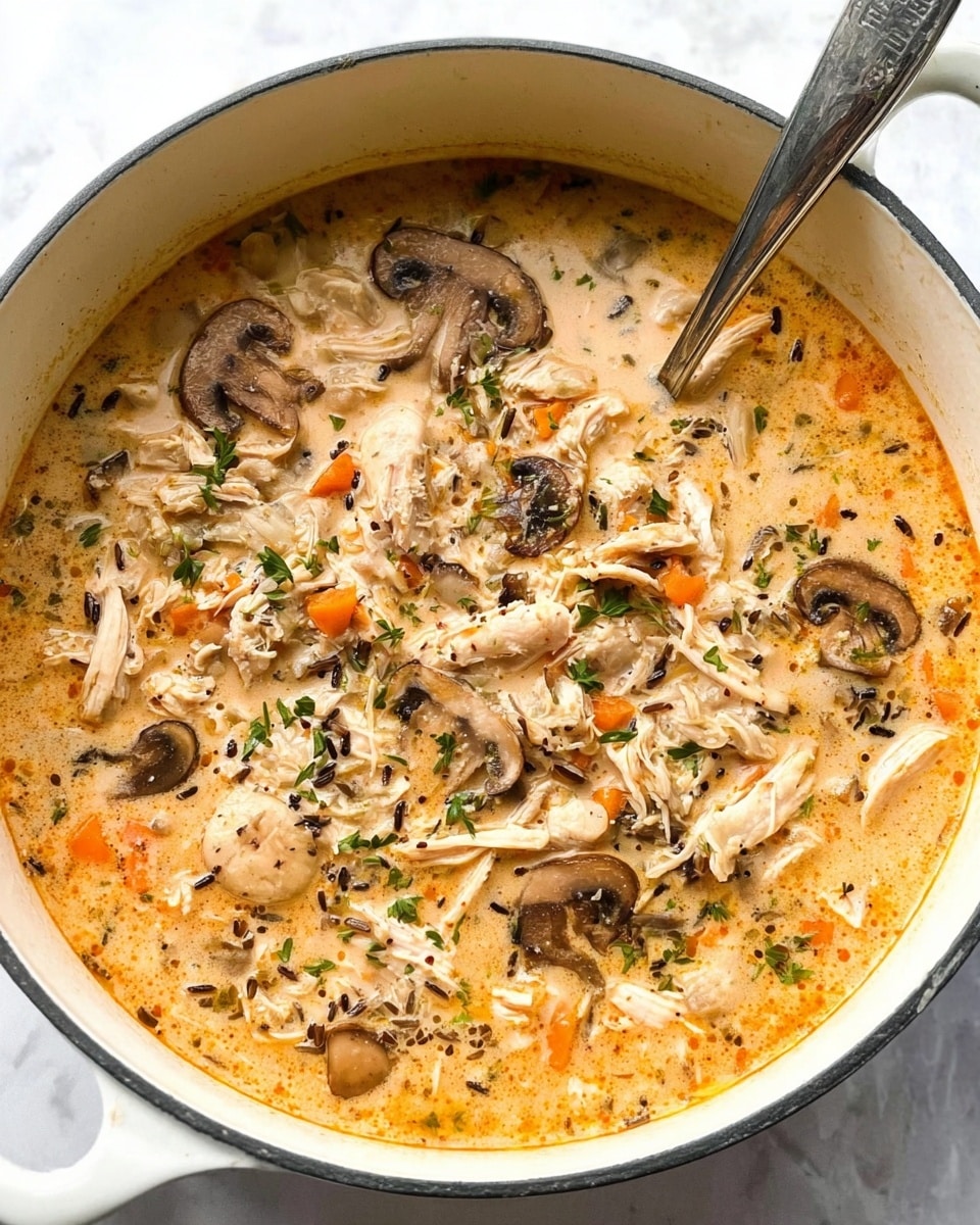 A creamy soup with several layers is shown in a pink-handled pot on a white marbled surface. The base layer is light beige and creamy, with oil spots shining orange on the surface. Floating within are dark brown sliced mushrooms and small pieces of brown meat scattered unevenly. Bright orange carrot bits and small green herb leaves are mixed throughout, giving the dish a fresh look. The texture appears rich and slightly bubbly, with chunks of ingredients in the creamy liquid, filling the pot almost to the top. Photo taken with an iphone --ar 4:5 --v 7