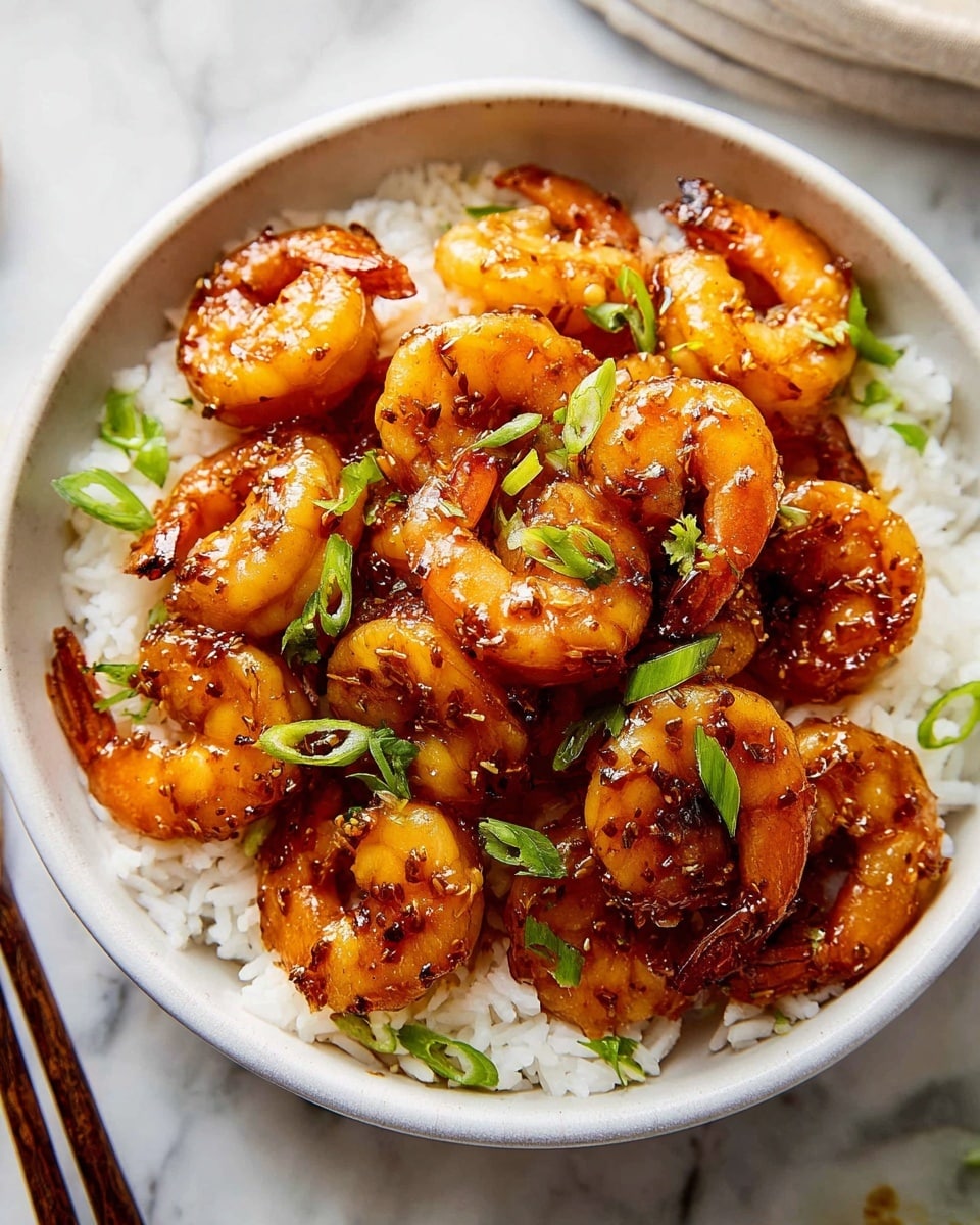 A white bowl holds a bed of soft, white rice as the first layer. On top, there are many golden-brown shrimp glazed with a shiny, sticky sauce. The shrimp are curved and plump, showing a slight char on some edges. Thinly sliced green onions are sprinkled over the shrimp, adding small bright green bits for contrast. The bowl sits on a white marbled surface with chopsticks placed nearby. The lighting highlights the shine on the sauce and the textures of the shrimp and rice photo taken with an iphone --ar 4:5 --v 7