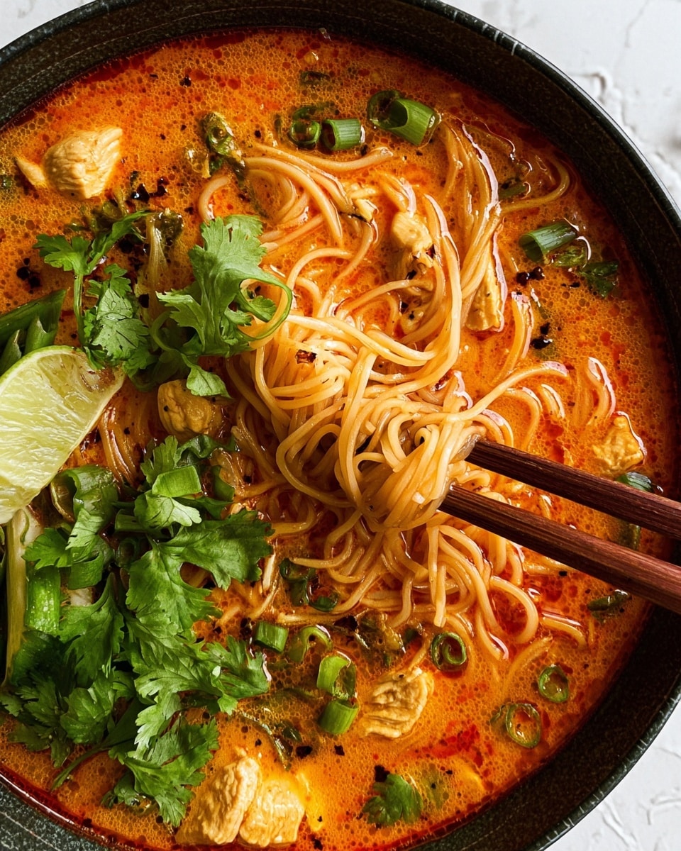 The image shows a close-up of a dark bowl filled with a rich orange-red noodle soup. The soup has visible chunks of light-colored cooked chicken pieces and thin noodles, some lifted by wooden chopsticks resting on the bowl. Bright green sliced scallions and fresh cilantro leaves float on the surface, adding a fresh contrast to the warm colors of the broth. There is also a small wedge of lime tucked among the greens at the edge. The soup has a smooth, slightly oily texture with some black pepper sprinkled on top. The background is a white marbled surface. Photo taken with an iphone --ar 4:5 --v 7