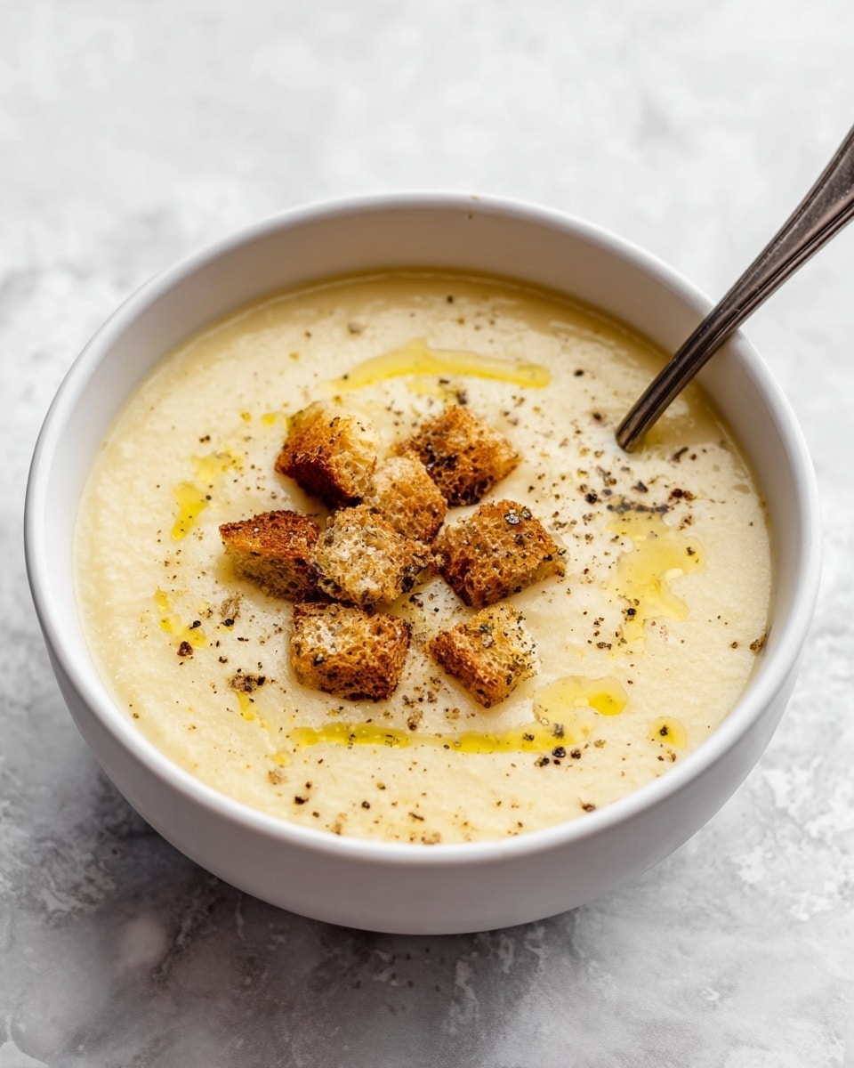 A white bowl filled with smooth, creamy yellow soup sits centered on a white plate with a thin brown rim. On top of the soup, there are several small, golden brown croutons scattered in the middle along with a drizzle of yellow oil and a light sprinkling of black pepper. The bowl is placed on a gray cloth napkin, which lies on the right side of the plate. Two silver spoons rest on the napkin. The whole setting is on a white marbled surface. photo taken with an iphone --ar 4:5 --v 7