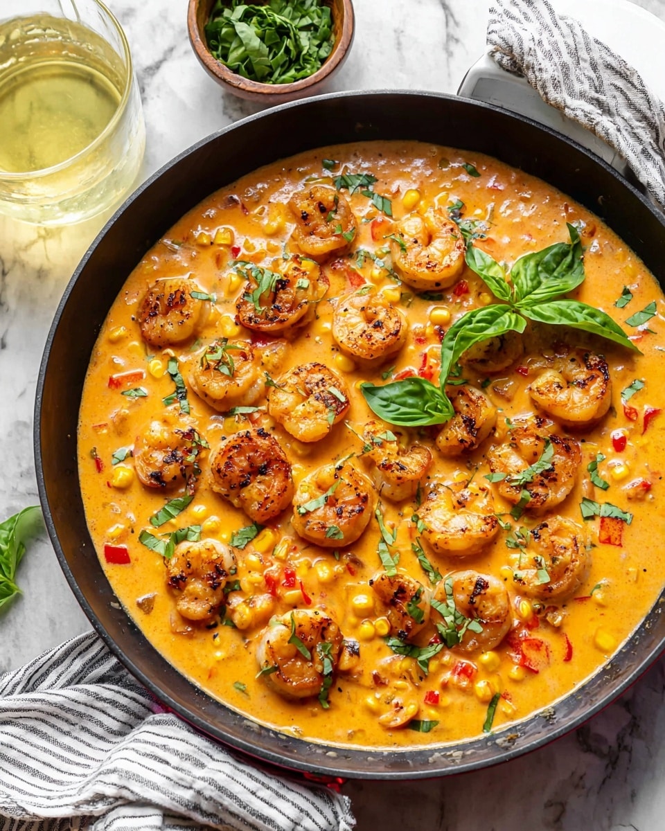A bowl with white noodles forms the base layer visible at the bottom, soft and smooth, topped with a mix of cooked shrimp coated in a light orange sauce, bright yellow corn kernels, and small red bell pepper pieces. Fresh green basil leaves are scattered on top and around the dish for color contrast. A silver fork lifts some pale yellow noodles from the center, slightly tangled. The textured bowl is a mix of earthy dark brown and beige speckles, and the whole setup is on a white marbled surface with a small glass of amber liquid placed near the top left corner. photo taken with an iphone --ar 4:5 --v 7