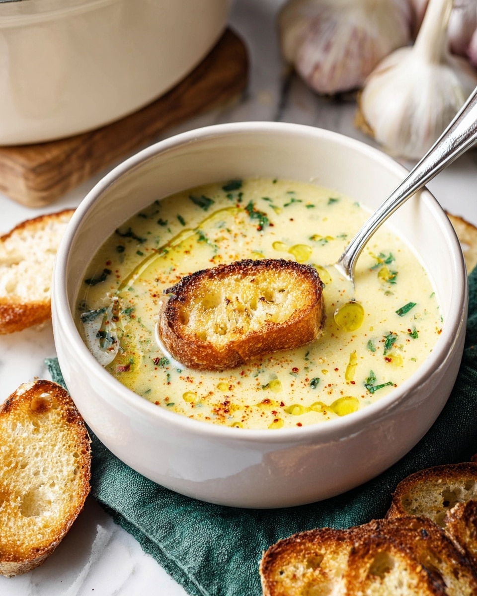 A light yellow creamy soup fills a white speckled bowl, topped with a single golden brown toasted bread slice resting in the middle. The soup has small green herb pieces scattered on the surface, along with drops of yellow oil and a light sprinkling of red spice. A silver spoon is placed inside the bowl, leaning on the side. The bowl sits on a wooden board, with a piece of light crusty bread and a whole garlic bulb in the background. The setting is on a white marbled texture with some silver spoons nearby and a soft green cloth partially visible. Photo taken with an iphone --ar 4:5 --v 7