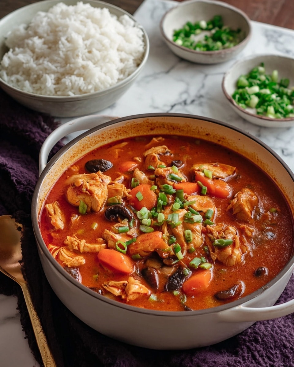 The image shows a white bowl filled halfway with bright orange stew containing carrot chunks, tender meat pieces, and visible green herbs, with a portion of plain white rice neatly placed on one side. A silver spoon with a wooden handle is resting inside the bowl, slightly dipping into the stew. In the background is another white bowl filled with more of the orange stew, all placed on a white marbled surface. The warm colors of the stew contrast with the clean white rice and bowl, creating a cozy and inviting look photo taken with an iphone --ar 4:5 --v 7