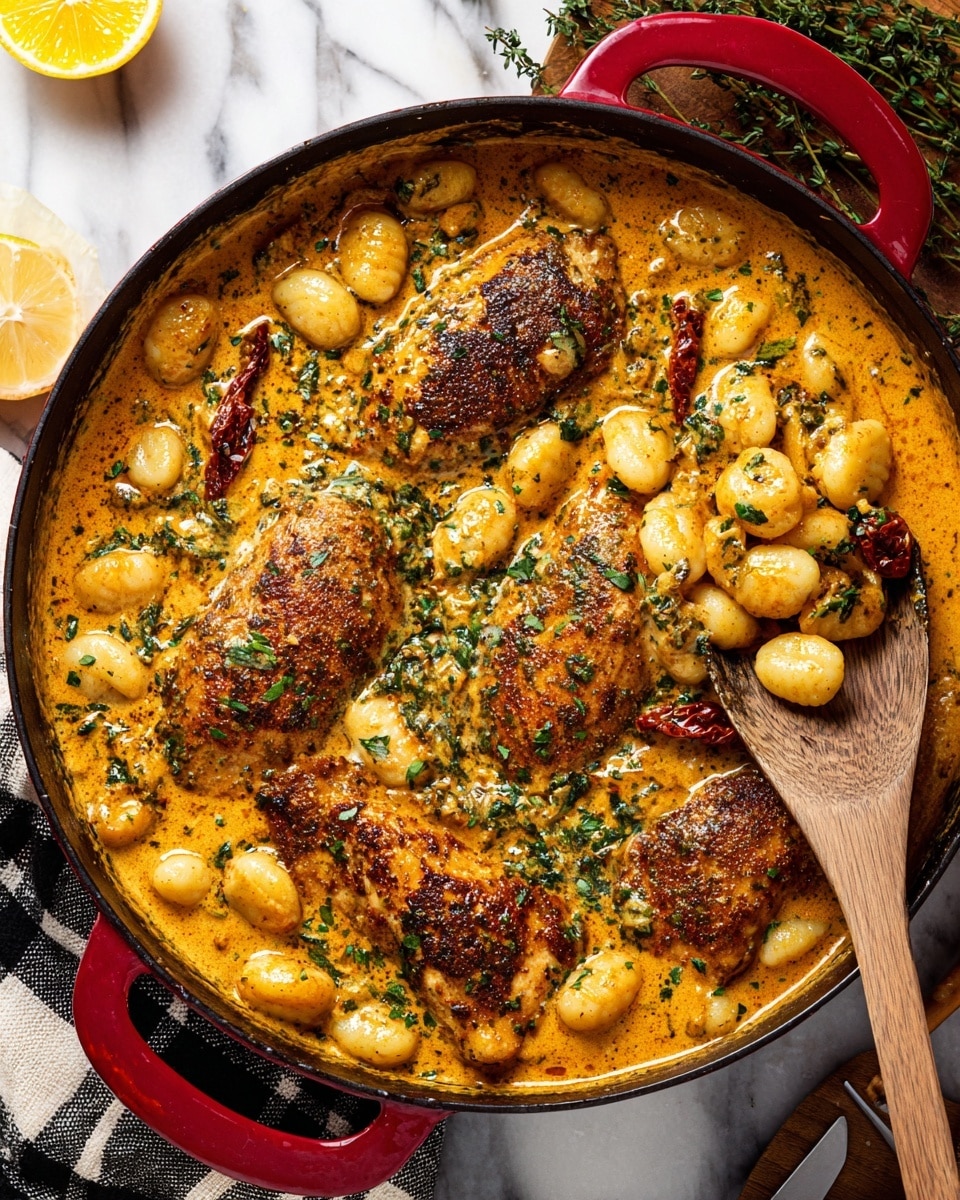 The image shows a red pan filled with four golden-brown seasoned chicken pieces on top of small round gnocchi that are lightly browned. The dish is covered in a thick, creamy orange sauce with visible green herbs scattered throughout. Some dried tomatoes are also mixed in the sauce. A wooden spoon is scooping some chicken and gnocchi on the right side. The pan sits on a white marbled surface with a black and beige checkered cloth and a lemon wedge nearby. Photo taken with an iphone --ar 4:5 --v 7