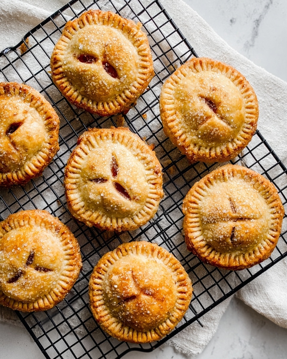The image shows small round apple pies with a golden brown crust, each topped with coarse sugar crystals giving a sparkling effect. One pie is cut in half and placed on top of a whole pie, showing two layers: a flaky, thin, light brown crust and a filling of soft, diced apple pieces in a cinnamon-spiced syrup, all inside. The pies rest on a black wire cooling rack over a white marbled surface, with red and yellow apples blurred in the background. Photo taken with an iphone --ar 4:5 --v 7