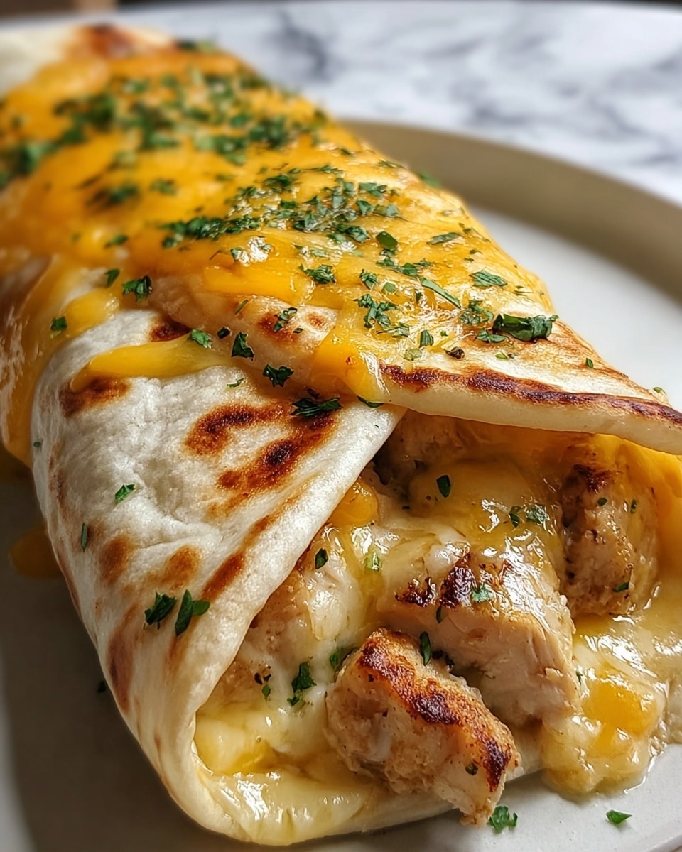 Two thick burritos filled with shredded chicken and melted yellow cheese peek from the soft, slightly toasted white flour tortillas. Each burrito is garnished on top with a sprinkle of finely chopped green herbs. The burritos are placed on a brown paper surface, with one burrito slightly pulled to show the creamy cheese melting inside. The overall look is warm and cheesy with melted, golden brown patches on top. photo taken with an iphone --ar 4:5 --v 7