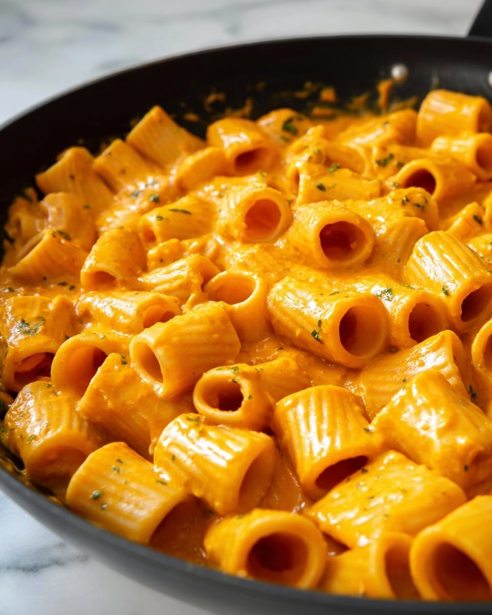 A close-up view of medium-sized rigatoni pasta covered in a thick, smooth orange sauce with small green herb specks mixed in. The pasta pieces are tubular and ridged, arranged closely together in a shallow black pan, with the sauce evenly coating each piece and pooling slightly at the bottom. The background shows a white marbled surface with soft lighting highlighting the creamy texture of the sauce and the pasta curves. photo taken with an iphone --ar 4:5 --v 7