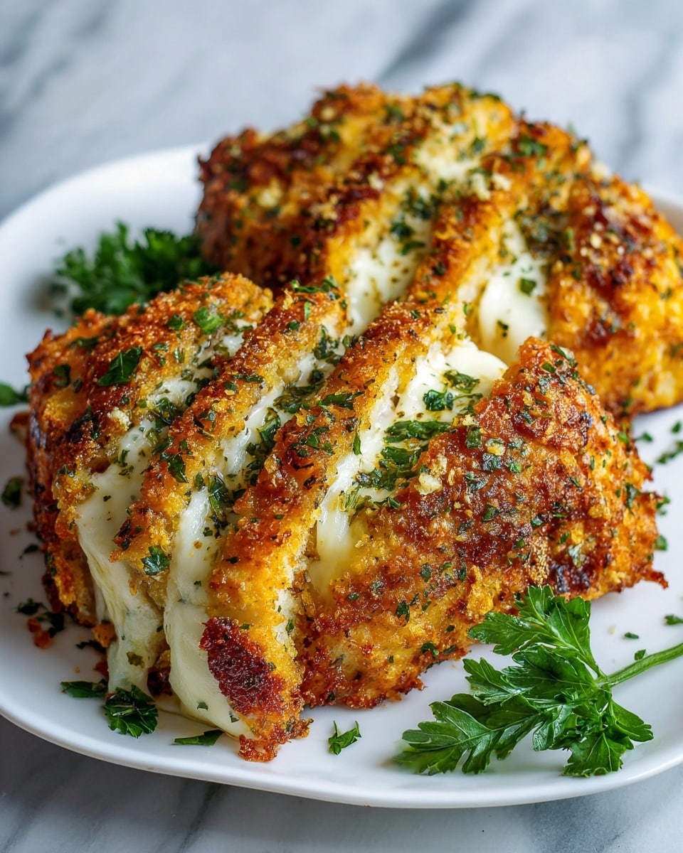 The image shows two golden brown, crispy dishes arranged on a white plate with fresh green parsley on the side. Each piece has a clear layer of melted, white cheese inside, with the outer layer looking crunchy and textured, dotted with bits of herbs. The green herbs are sprinkled both inside and on top of the crispy layers, creating a contrast with the golden and white colors. The background is a white marbled texture. Photo taken with an iphone --ar 4:5 --v 7