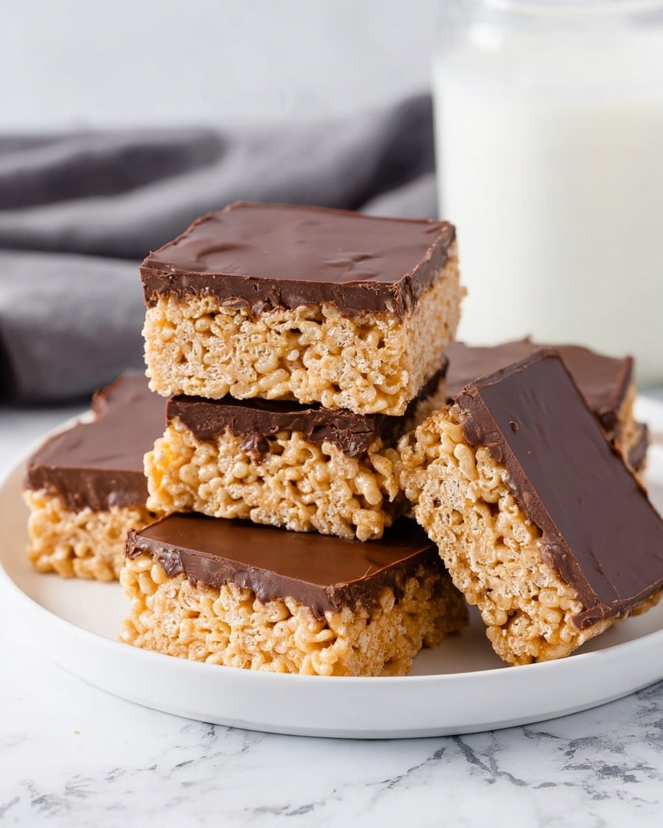 The image shows five square bars stacked on a white plate set on a white marbled surface. Each bar has two layers: the bottom layer is a light tan, crispy rice cereal texture, while the top layer is a smooth, dark chocolate coating that covers the entire surface evenly. The bars are arranged in a way that some are lying flat and one is slightly tilted on top, showing the thickness and texture of both layers clearly. In the background, there is a glass of white milk and a blurred grey cloth, adding a soft contrast to the sharpness and colors of the bars. Photo taken with an iphone --ar 4:5 --v 7