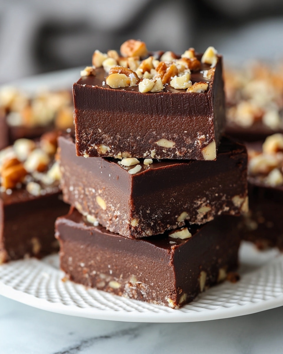The image shows two square pieces of rich chocolate fudge stacked on a white plate with a soft, detailed rim, set on a white marbled surface. Each fudge piece has two clear layers: a thick dark chocolate base with mixed light brown walnut chunks embedded inside, and a smooth, shiny dark chocolate top layer, sprinkled with walnut pieces and small chocolate flakes. The top layer has a glossy finish and a few rough edges, showing a contrast between creamy and crunchy textures. Photo taken with an iphone --ar 4:5 --v 7