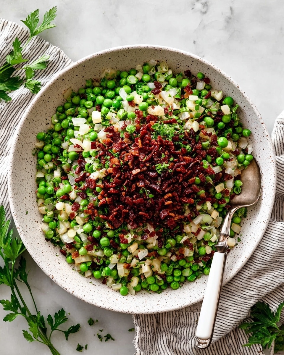 A shallow white bowl filled with a colorful pea salad sits on a white marbled surface. The salad has three main layers: bright green peas, small cubes of light beige potatoes, and bits of reddish-brown bacon scattered throughout. Thin, translucent slices of pale onion are mixed in, adding a delicate texture that curls on top of the peas and bacon. Freshly chopped green herbs are sprinkled lightly over the salad, giving pops of darker green color. A silver spoon rests inside the bowl, partially scooping the salad. The edges of the bowl show the fresh mix clearly with some small bits of herbs and peas around it. Photo taken with an iphone --ar 4:5 --v 7