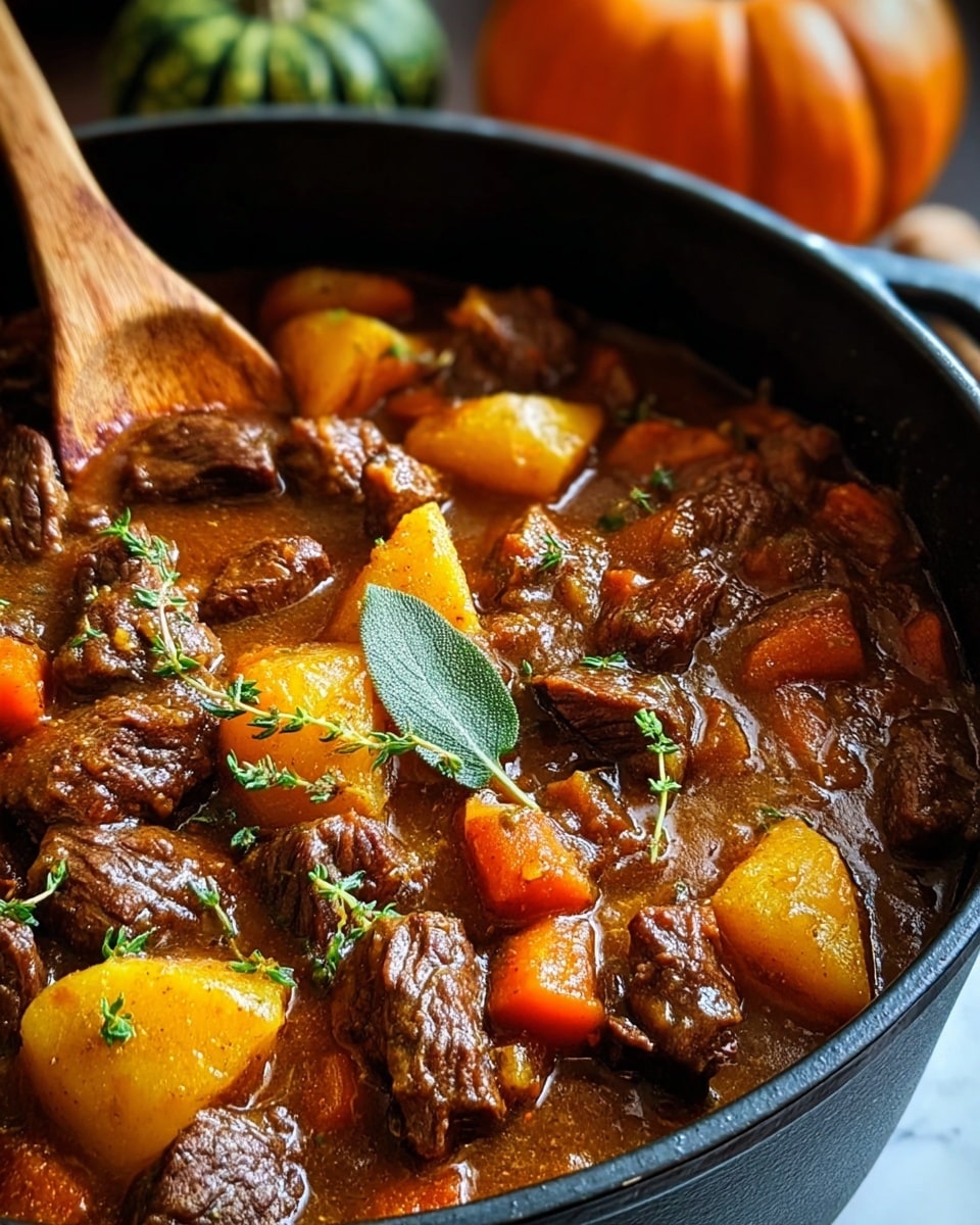 A close-up of a dark pot filled with rich brown stew containing chunks of tender dark brown beef, large pieces of golden yellow potatoes, and bright orange carrots, all mixed in thick brown sauce with visible herbs like bay leaves and thyme on top. A wooden spoon is stirring the stew inside the pot. The pot sits on a white marbled surface with a blurred pumpkin in the background. Photo taken with an iphone --ar 4:5 --v 7