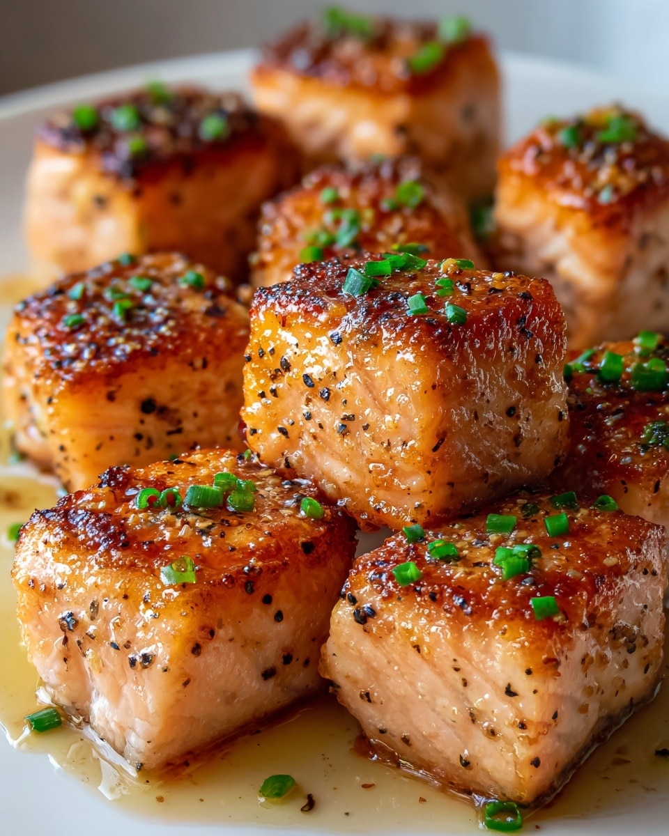 A white plate holds many small cubes of cooked salmon, each piece golden brown on the outside with a crispy texture. The salmon cubes are topped with a smooth, creamy, light orange sauce that has small green herb bits sprinkled on top. The cubes are arranged closely together with some sauce drips on the plate, all placed on a white marbled surface. photo taken with an iphone --ar 4:5 --v 7