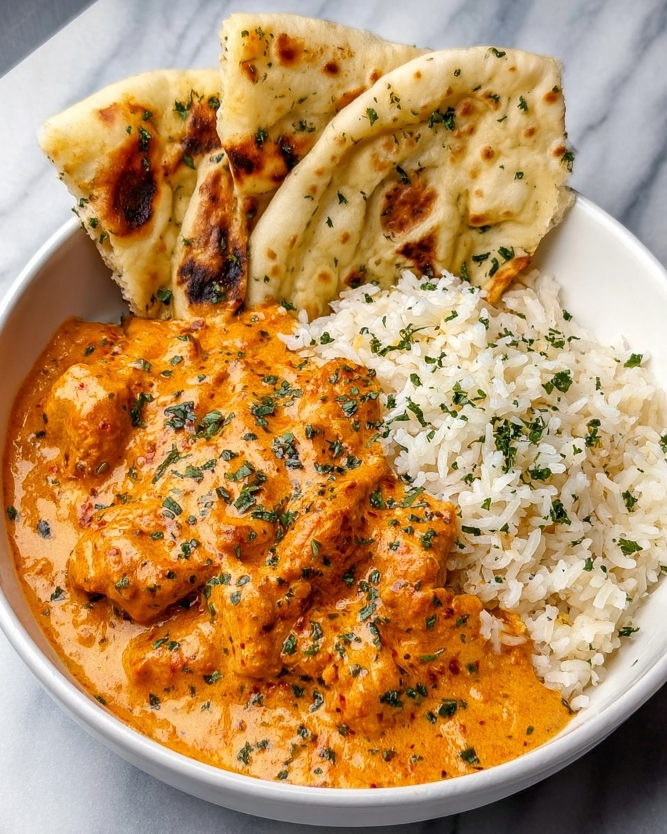 A white bowl holds three main layers: on the left side, there is a thick orange curry with visible chunks of chicken covered in creamy sauce and sprinkled with small green herb bits; on the right side, a fluffy layer of white rice with small green herbs scattered on top; placed against the back edge of the bowl, four folded pieces of lightly browned naan bread rest upright, showing toasted spots and soft texture. The bowl sits on a white marbled surface. photo taken with an iphone --ar 4:5 --v 7