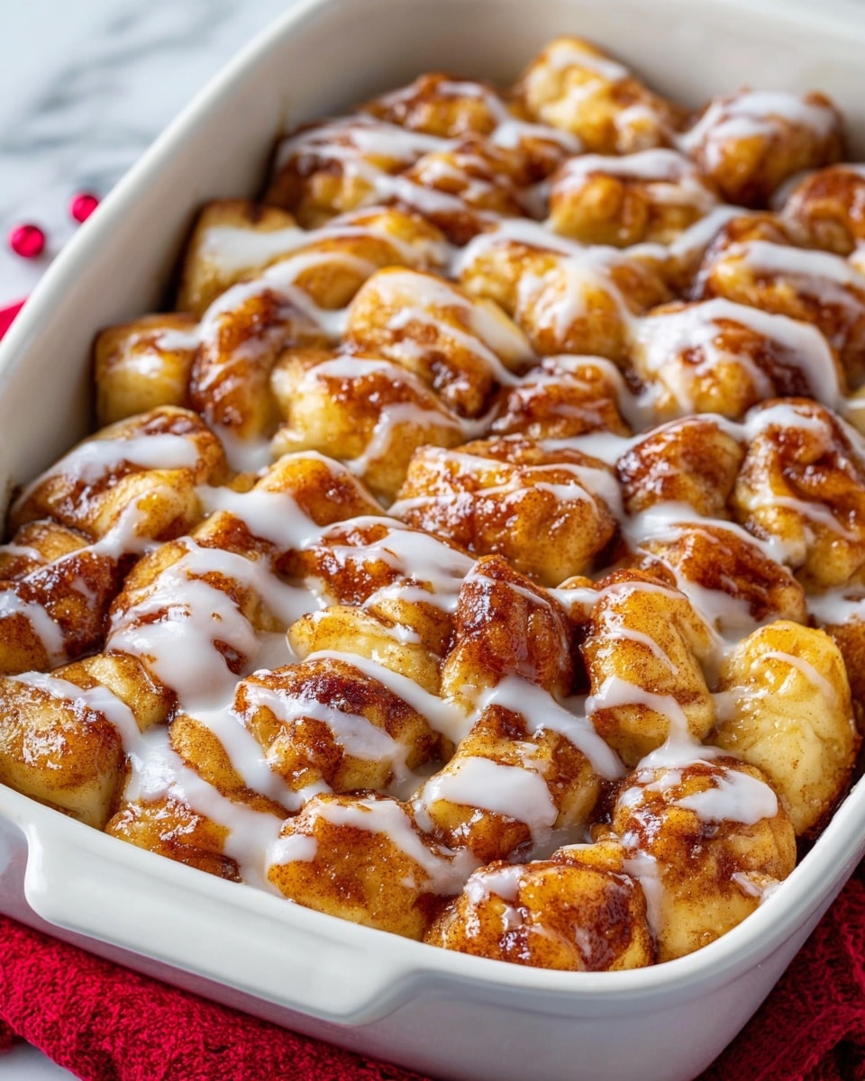 This image shows a white baking dish filled with small, golden-brown pieces of dough that look soft and slightly shiny from a syrupy glaze. The dough pieces have darker spots of cinnamon and sugar, giving a spotted texture on the surface. On top of the dough, white icing is drizzled unevenly, adding a glossy layer that contrasts with the warm brown colors below. The dish is placed on a white marbled surface with a red cloth partially visible around it. The edges of the baking dish have some baked-on caramelized bits that show careful cooking. photo taken with an iphone --ar 4:5 --v 7