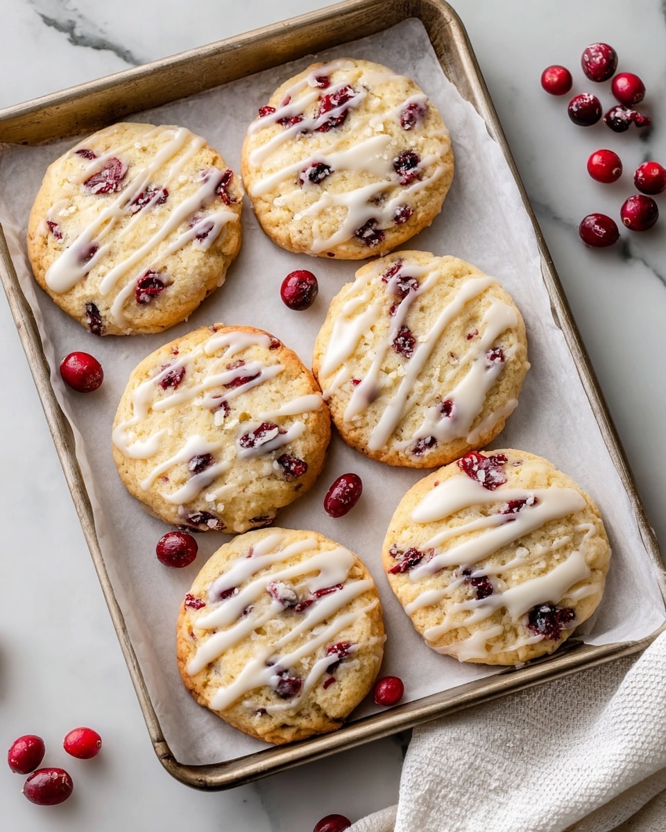 A baking tray lined with parchment paper holds six round cookies arranged closely in two rows of three. Each cookie is light golden brown with a soft texture, filled with scattered dark red cranberries. On top of every cookie is a thin, uneven drizzle of white icing, creating a slight shine and delicate contrast against the cookie surface. The tray is placed on a white marbled surface, with a few loose cranberries and a white cloth napkin nearby, adding detail and color. The image shows just the tray without any visible hands or other objects. photo taken with an iphone --ar 4:5 --v 7