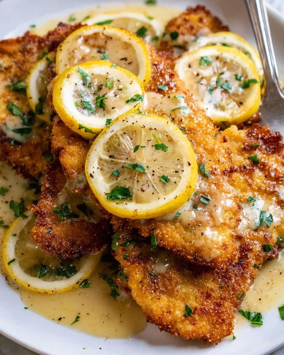 The image shows several pieces of golden-brown fried chicken layered closely on a white plate, each piece crispy with textured edges and sprinkled with finely chopped green herbs. On top of the chicken pieces are thin, yellow lemon slices, some showing visible seeds and a glossy, juicy surface. The dish is covered with a light, creamy sauce with specks of black pepper, pooling slightly around the chicken. The background surface is white marble, and a silver utensil is partially visible on the right side. Photo taken with an iphone --ar 4:5 --v 7