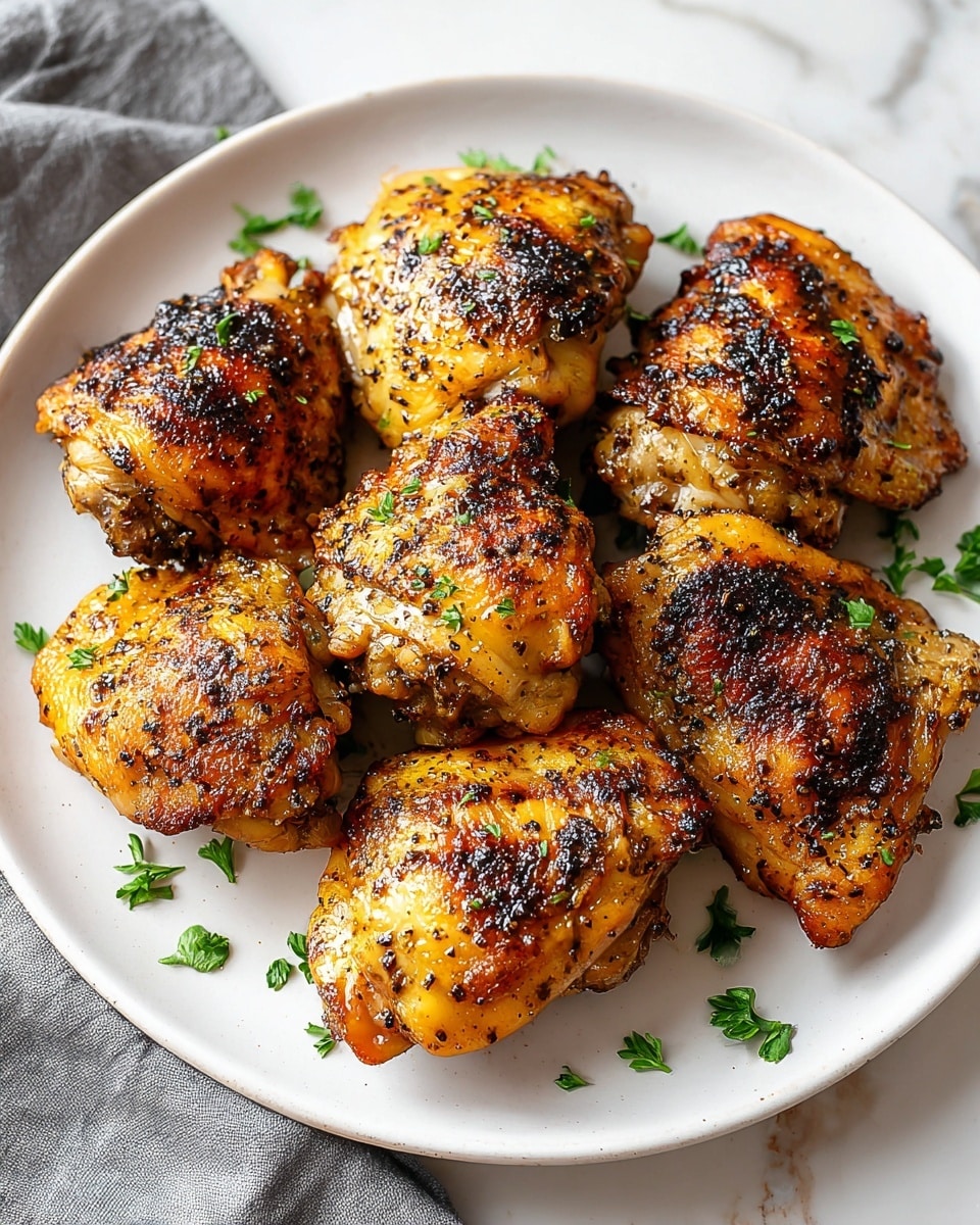 A white plate on a white marbled surface holds a single layer of seven golden-brown grilled chicken thighs. The chicken pieces have a crisp, slightly charred texture with visible black pepper seasoning and are garnished with small green parsley leaves scattered on and around the meat. The skin looks shiny with cooked oil, showing a rich mix of dark and light brown spots indicating a well-grilled finish. A grey cloth napkin is partly visible under the plate at the bottom left corner. photo taken with an iphone --ar 4:5 --v 7