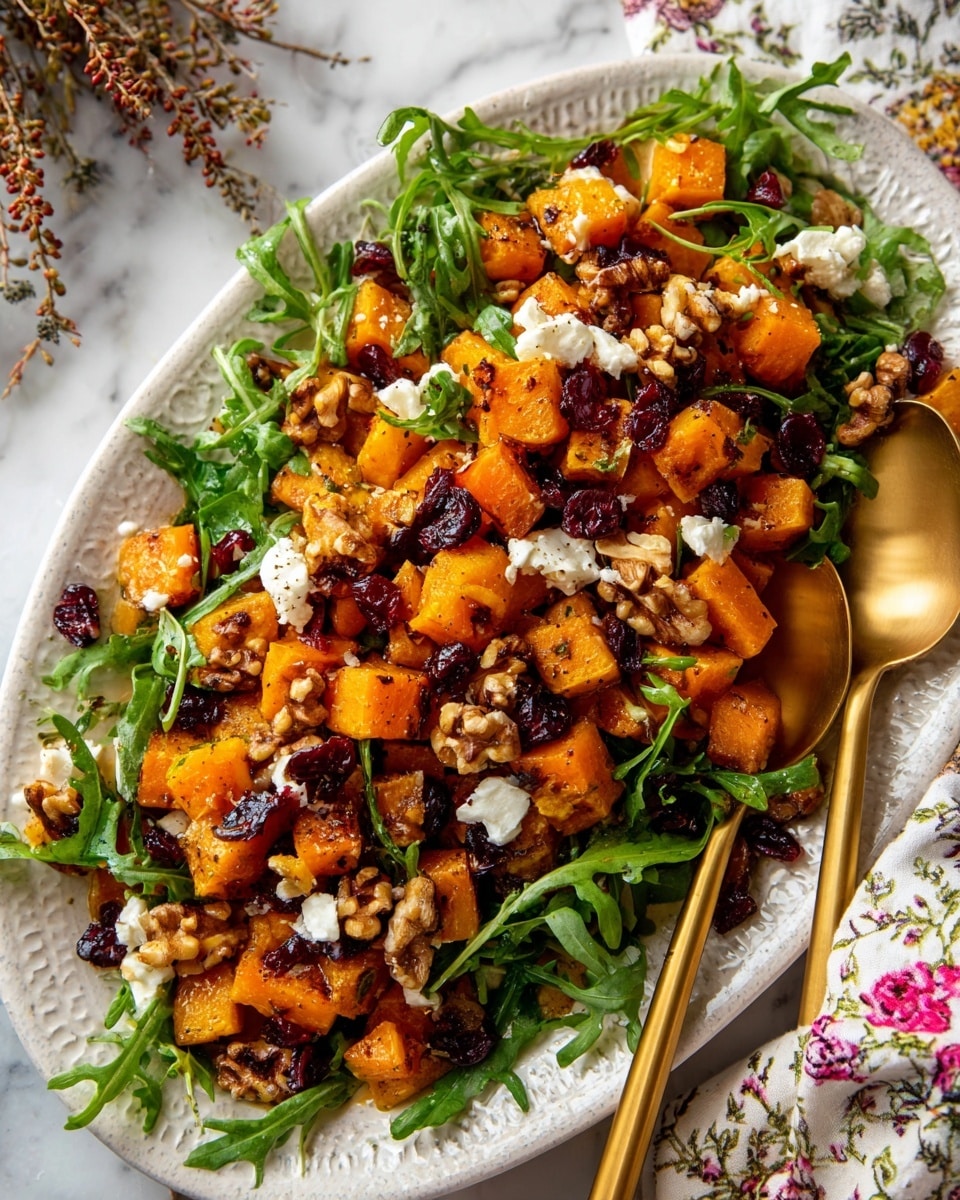 A close-up shows a white oval dish filled with roasted orange butternut squash cubes as the main layer. Scattered on top are small pieces of white cheese and dark brown walnuts, mixed with green arugula leaves adding fresh color. There are also bits of dark red dried cranberries spread evenly across the dish. A golden fork and spoon rest on one side of the plate. The background is a white marbled surface with a floral cloth partially visible. Photo taken with an iphone --ar 4:5 --v 7