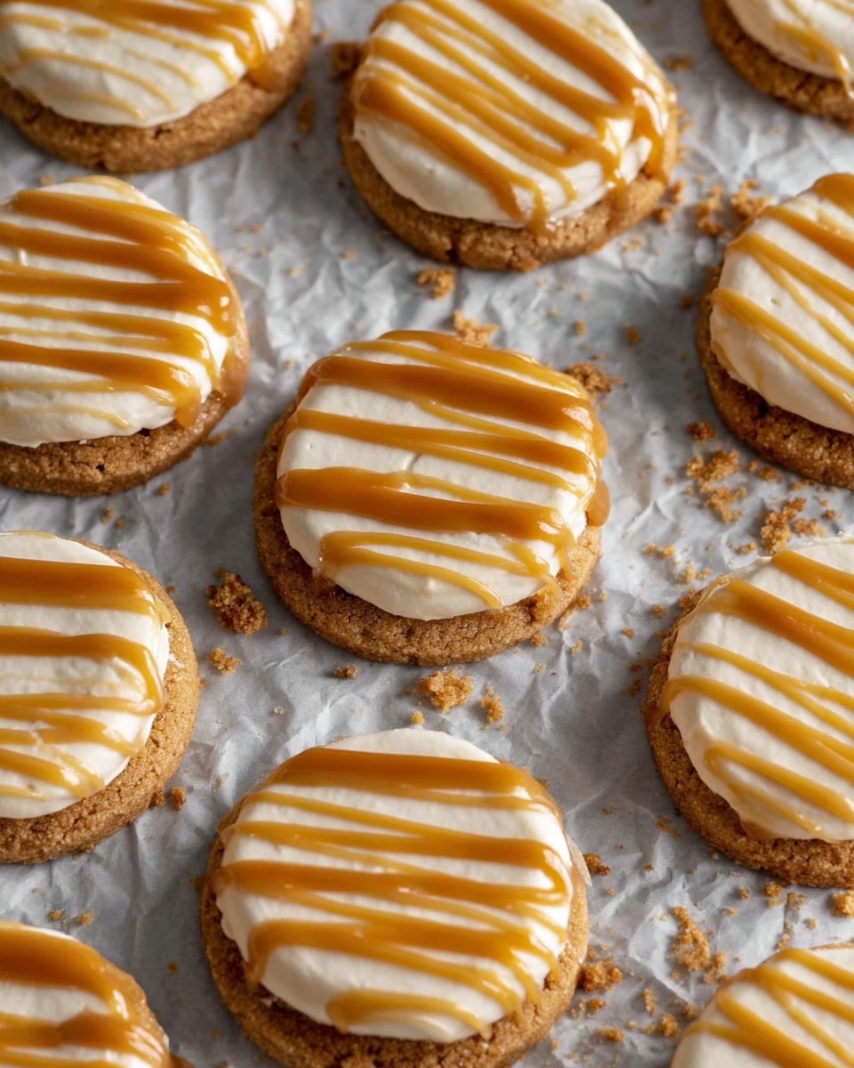 The image shows round cookies with a light brown, crumbly base as the first layer. On top of each cookie, there is a thick, smooth layer of white cream spread evenly, making the second layer. Over the white cream, there are thin, light caramel-colored stripes drizzled in a neat pattern, creating the third layer. The cookies are placed directly on a crinkled, gray parchment paper that has some scattered crumbs around. The overall look is soft and inviting, with clear color contrasts between the brown cookie, white cream, and caramel drizzle. photo taken with an iphone --ar 4:5 --v 7