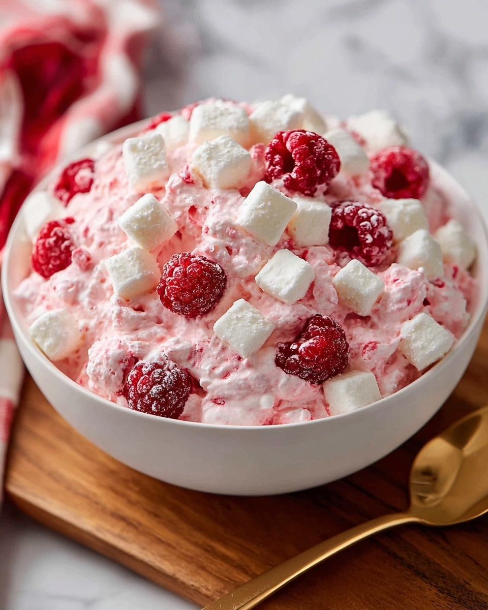 A close-up of a white bowl filled with a creamy pink mixture that looks light and fluffy, studded with whole bright red raspberries and topped with many small white, soft-looking cubes that resemble meringue pieces. The dessert fills the bowl to the top, and a gold spoon is partially inserted on the right side. The bowl sits on a wooden cutting board, and the background is a white marbled surface with a corner of a red and white cloth visible below. photo taken with an iphone --ar 4:5 --v 7