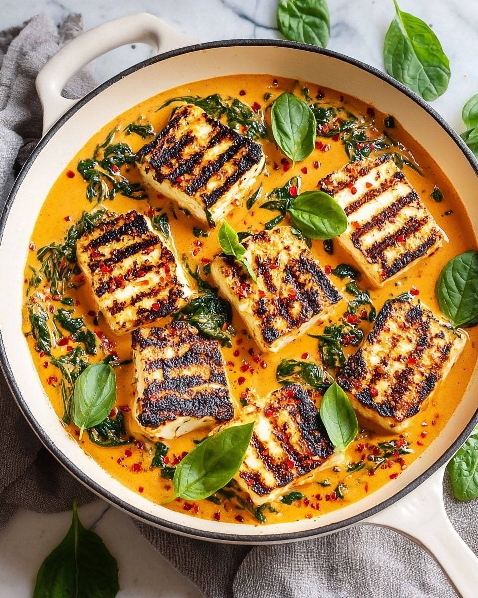 A pan filled with a creamy orange sauce mixed with dark green spinach leaves at the bottom layer, topped with eight pieces of grilled halloumi cheese showing dark brown grill marks and a slightly charred texture; fresh green basil leaves are scattered on top for garnish. The pan is placed on a white marbled surface. photo taken with an iphone --ar 4:5 --v 7