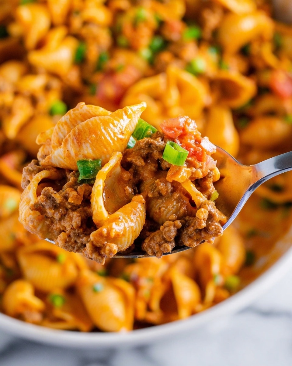 A large round blue pot filled with cooked small shell pasta mixed with a rich reddish-brown sauce, melted orange cheese, small pieces of red tomato, and green chopped scallions scattered on top. Around the pot, on a white marbled surface, there are whole tomatoes, green spring onions, a small clear bowl with diced tomatoes, a small bowl of yellow cheese, salt and pepper shakers, and a bottle with a yellow cap. A striped blue and white cloth and a dark blue ladle are also visible near the pot. Photo taken with an iphone --ar 4:5 --v 7