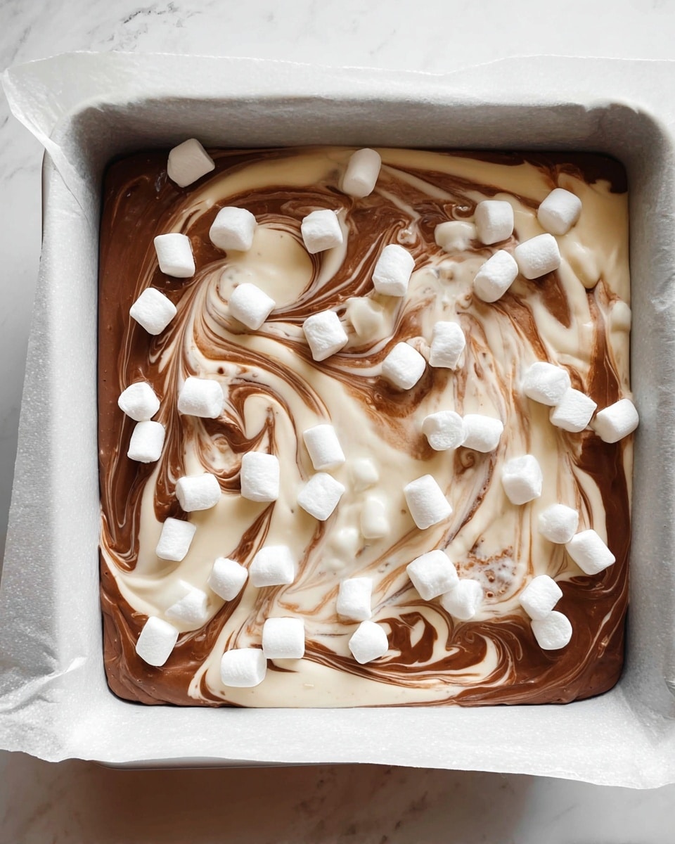 A white square baking pan lined with parchment paper holds a swirl of two layers of batter: one creamy white and one milk chocolate brown, mixed to create a marbled effect. The surface is topped with scattered small white marshmallows that add a soft, fluffy texture contrast to the smooth rich batter below. The pan is set on a white marbled surface. photo taken with an iphone --ar 4:5 --v 7