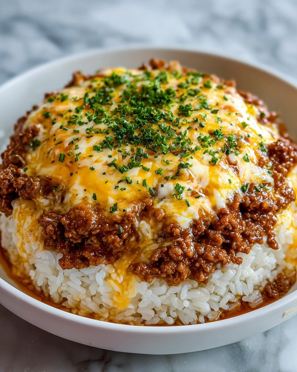 A dish with three main layers is shown on a white plate against a white marbled surface. The bottom layer is a bed of bright white, fluffy rice with visible grains. On top of the rice, there is a layer of cooked minced meat, evenly spread, rich brown in color with a slightly crumbly texture. Over the meat, melted yellow-orange cheese is layered, with some white cheese mixed in, showing a creamy, smooth texture. Finely chopped green herbs are sprinkled on top, adding a fresh green contrast. The lighting makes the cheese glisten slightly. Photo taken with an iphone --ar 4:5 --v 7