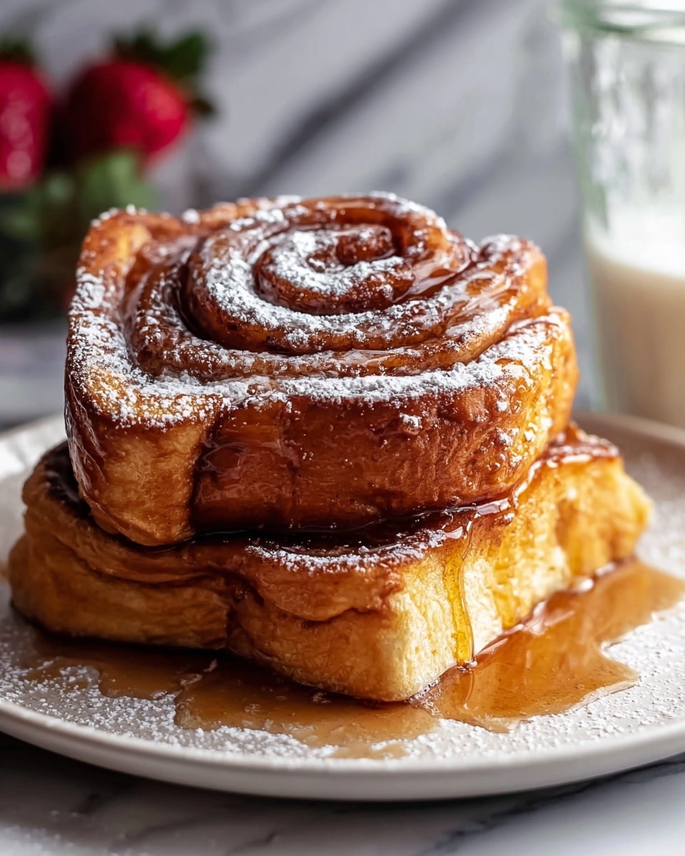 Two pieces of cinnamon swirl toast are stacked on a white plate. The bottom layer is a thick, golden-brown slice of toast with a slightly crispy outer edge and soft inside. On top of it rests a cinnamon roll slice, golden with a spiral shape, coated with melted icing that glistens under the light. Both layers are dusted with powdered sugar and syrup drips down the sides, pooling slightly on the plate. The background is a white marbled texture with a glass container partially visible on the right. photo taken with an iphone --ar 4:5 --v 7