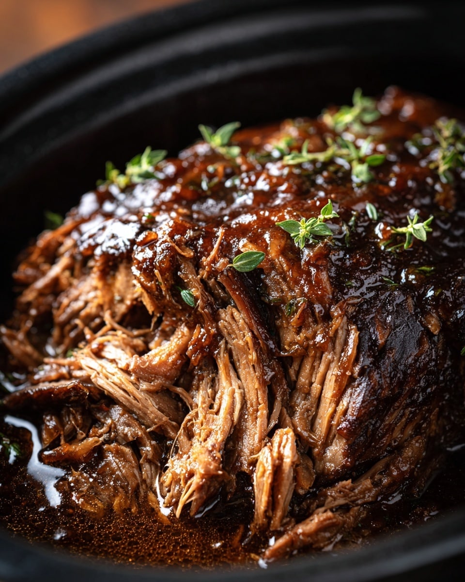 The image shows a slow cooker filled with a large piece of dark brown meat covered in thick, shiny sauce. The meat is tender, with parts that look shredded and soft. The surface is rich with a glaze-like texture, and a few small green herb leaves are sprinkled on top, with a sprig of fresh green herbs placed neatly over the meat. The slow cooker is black and the background is a white marbled texture. Photo taken with an iphone --ar 4:5 --v 7