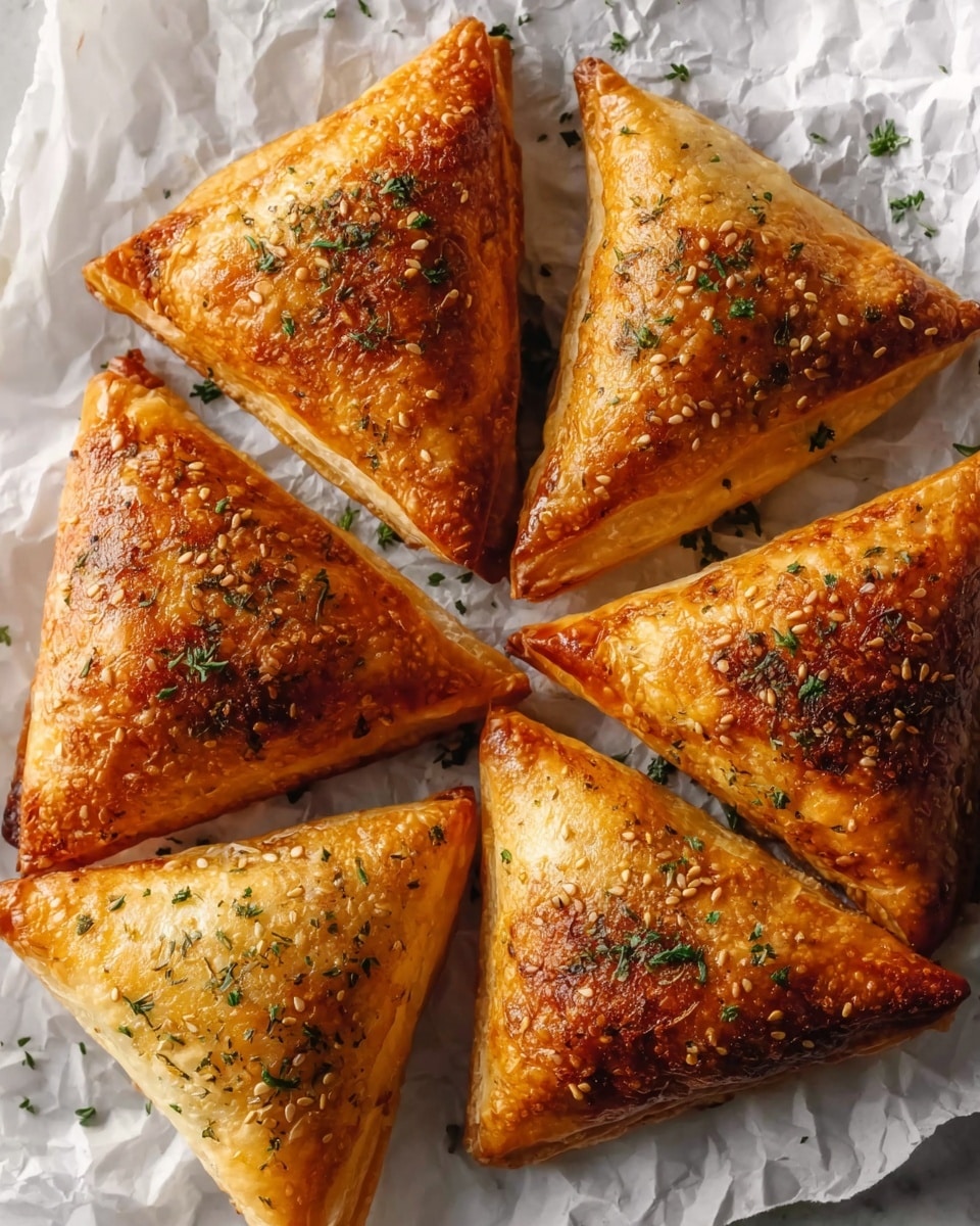 A close-up view of seven triangular pastries with a golden brown, crispy, and flaky texture arranged on crumpled white parchment paper over a white marbled surface. Each pastry is topped with small green herb flakes and tiny seeds, giving a slightly speckled look. The pastries have a shiny, baked surface with some uneven browning that adds depth and warmth to their color. Photo taken with an iphone --ar 4:5 --v 7