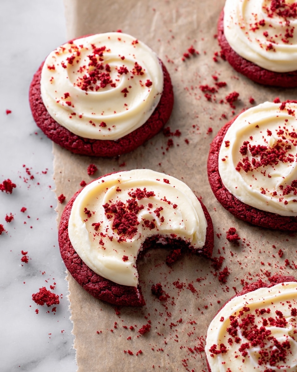 The image shows six round red velvet cookies on a light brown sheet with a white marbled texture under it. Each cookie has one layer of dark red soft cookie base and on top, one thick swirl of smooth white cream cheese frosting arranged in a spiral pattern. Small red crumbs are sprinkled over the frosting and the surrounding area, adding texture and color contrast. The cookies are placed close to each other but not overlapping. The photo taken with an iphone --ar 4:5 --v 7