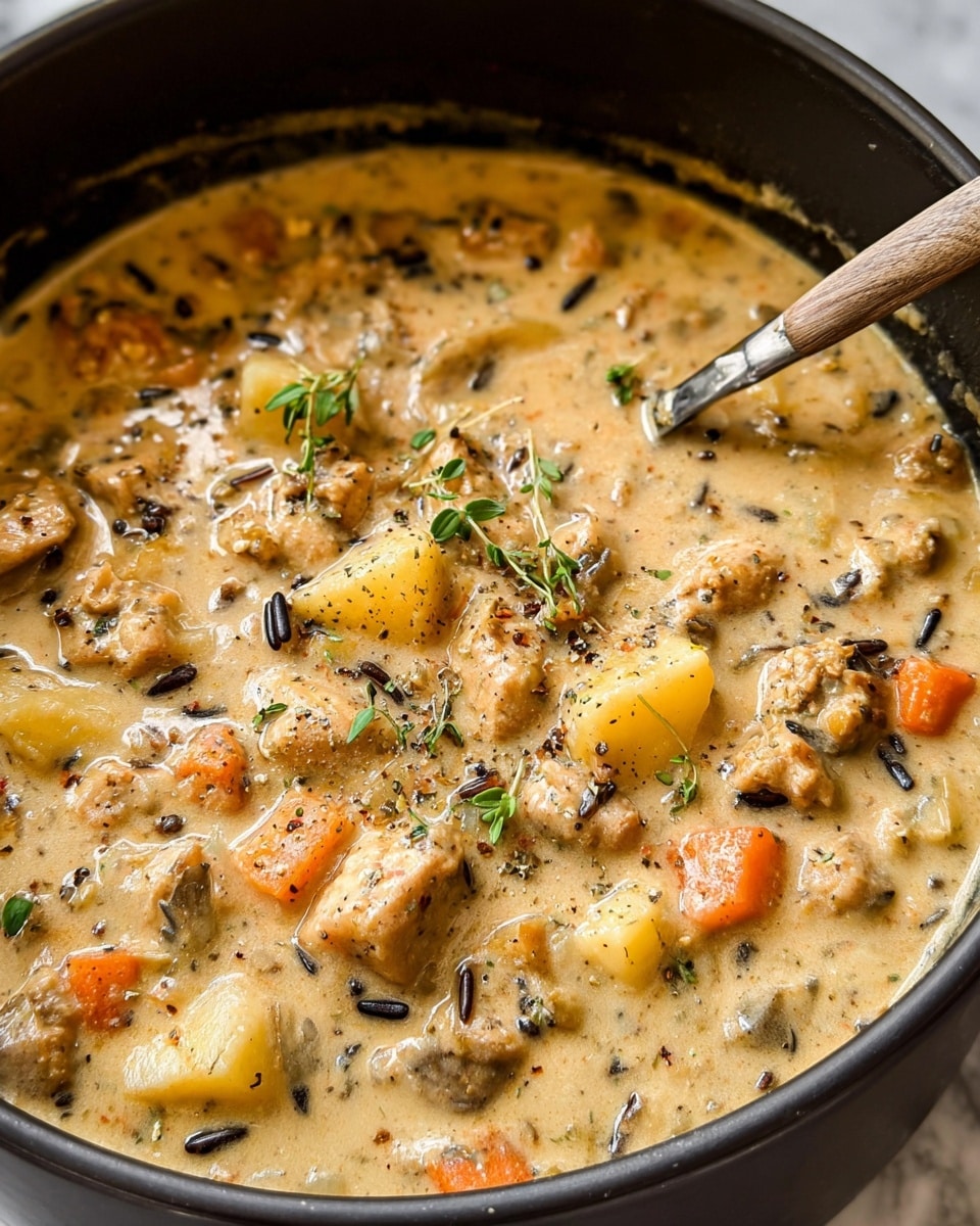 This image shows a close-up view of a thick creamy stew in a dark pot. The stew has chunks of light golden-brown textured meat, orange carrot pieces, yellow potato cubes, and dark wild rice dispersed evenly in the creamy beige sauce. Small green herb leaves are sprinkled on top, along with flakes of black pepper. The spoon inside the pot is partially submerged in the stew, reflecting the sauce's smooth and slightly shiny surface. The pot sits on a white marbled surface. photo taken with an iphone --ar 4:5 --v 7