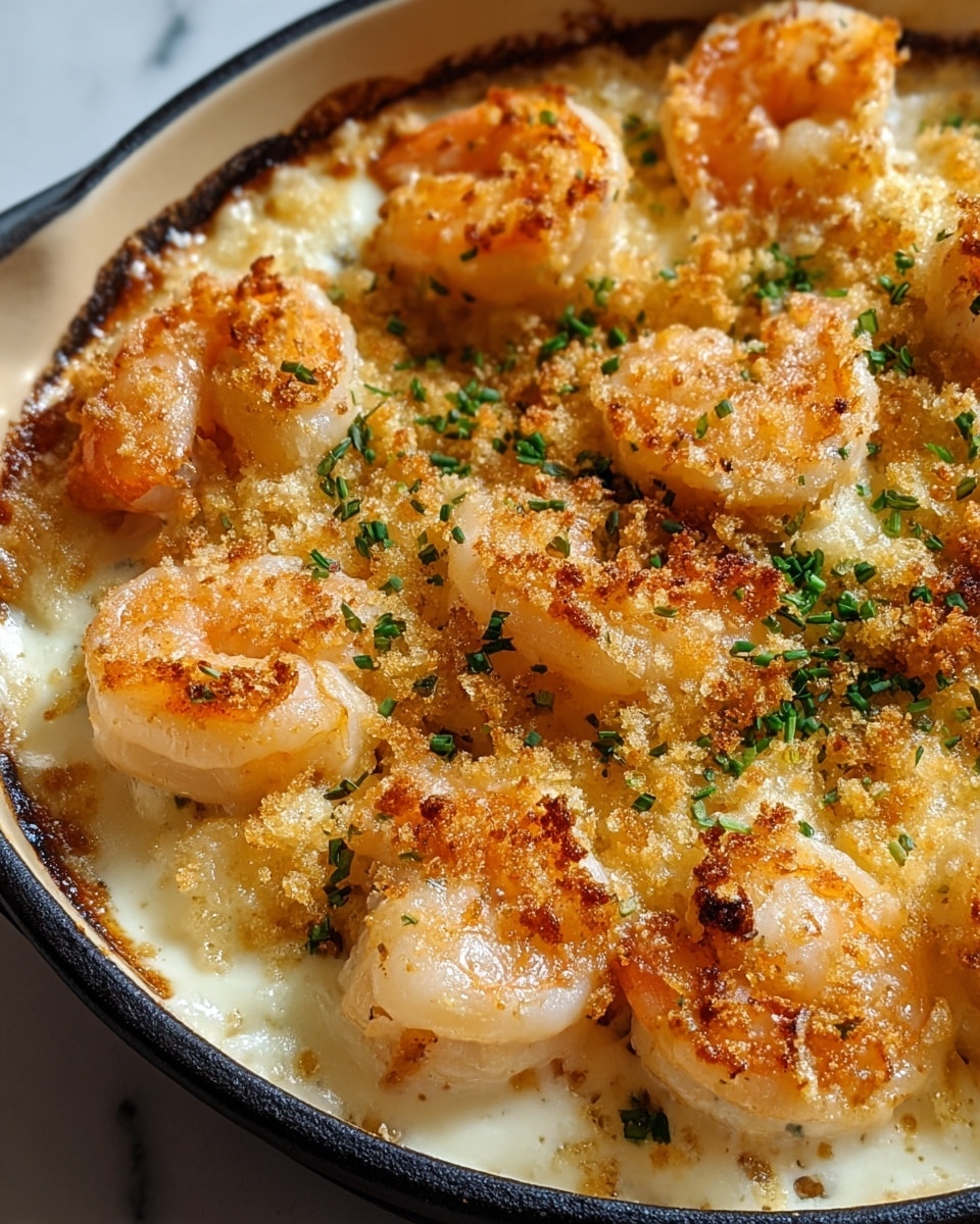 The dish shows a round black pan filled with creamy, light yellow sauce as the bottom layer. On top, there are several pink-orange shrimp with white and translucent flesh, arranged evenly in a circle, their tails facing outward. A golden brown crumb topping is lightly spread over the shrimp and sauce, adding a crunchy texture. Small green parsley flakes are sprinkled on top for color contrast. The pan is placed on a light wooden board with a white marbled surface in the background. photo taken with an iphone --ar 4:5 --v 7
