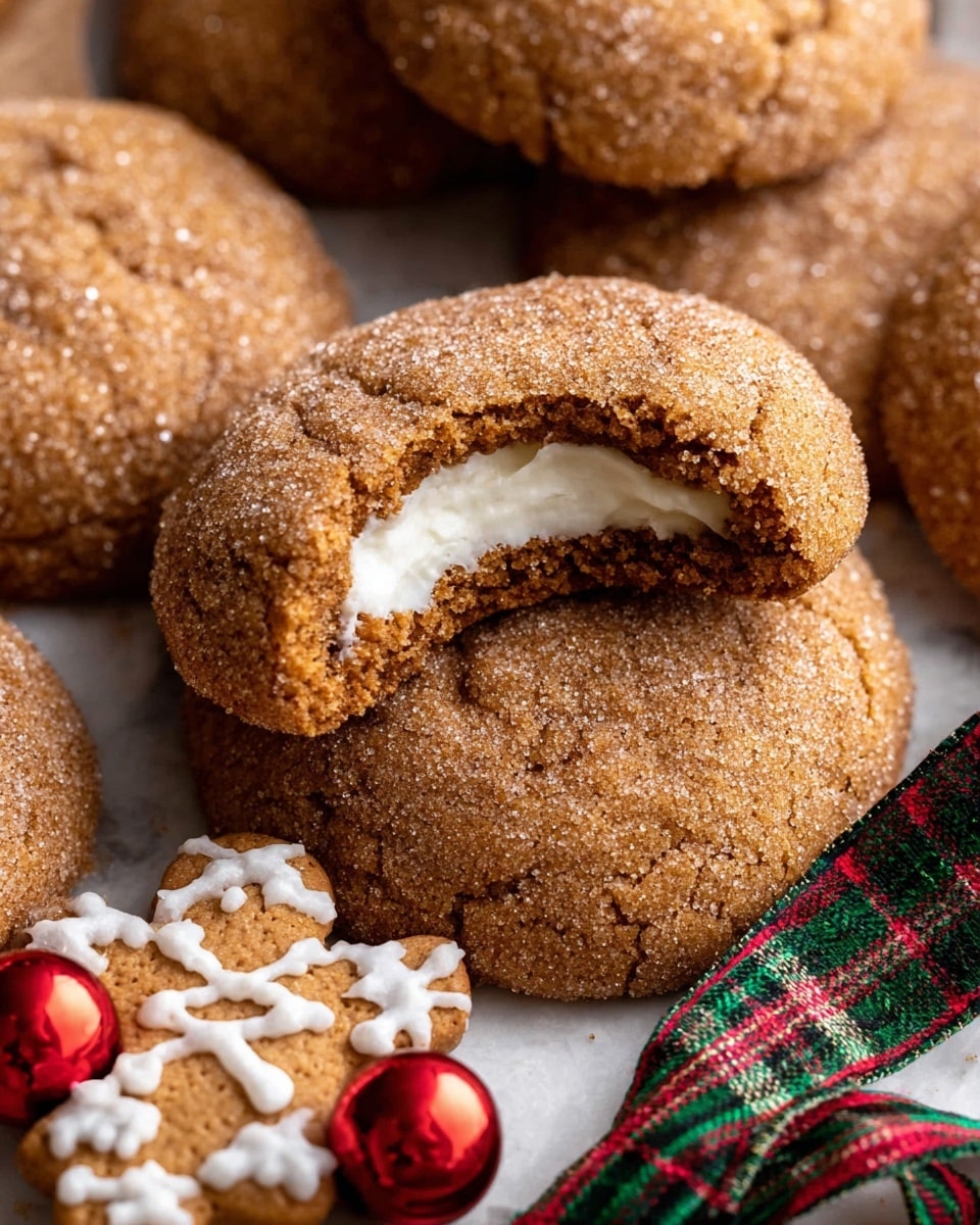A close-up view shows several round, soft cookies with a light brown, slightly rough, sugar-coated surface. One cookie is in the center with a bite taken out of it, revealing a white creamy filling inside. The cookies are placed directly on a white marbled surface, surrounded by a small gingerbread cookie decorated with white icing and a shiny red ornament. A decorative green and red plaid ribbon lies at the bottom right corner. The lighting highlights the texture and sugar crystals on the cookies. photo taken with an iphone --ar 4:5 --v 7