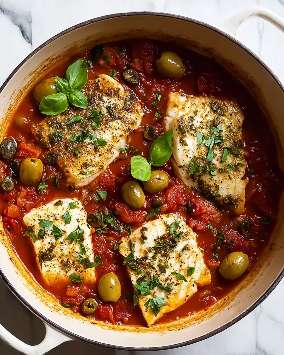 A white pot filled with a rich red tomato sauce with visible chunks of tomatoes, green olives, and leafy herbs scattered throughout. On top of the sauce, there are four white fish fillets sprinkled with green herbs and black pepper, each piece showing a tender flaky texture. Bright green basil leaves are placed as garnish on the fish and sauce. A single whole green olive sits near the edge in the sauce. The pot rests on a white marbled surface. photo taken with an iphone --ar 4:5 --v 7