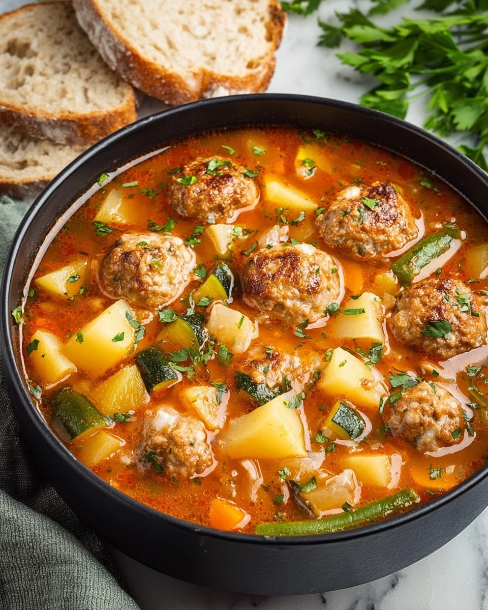 A black bowl filled with a soup that has eight meatballs, each speckled with bits of white rice. The soup broth is orange-red and full of diced vegetables — light green zucchini chunks, pale yellow cubes of potato, and bright orange carrot pieces, along with small green beans. The soup is sprinkled with fresh green chopped herbs. Two slices of rustic bread sit behind the bowl on a white marbled surface, with some green herbs around it. photo taken with an iphone --ar 4:5 --v 7