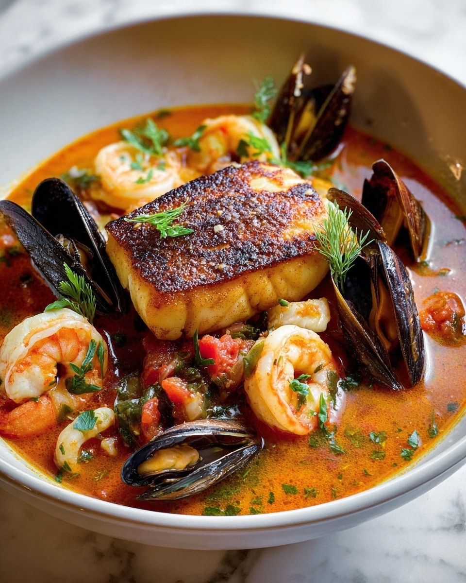 A white bowl holds a seafood stew with multiple layers: at the base is a rich, orange-red broth filled with diced tomatoes and herbs; on top sit several large shrimp with light pink and white bodies, and black mussels with shiny shells opened, showing their soft yellow interiors. There's a piece of browned fish with a charred, golden crust resting on one side. A few sliced black olives and green herbs are scattered over the dish, with bright green parsley leaves in the center. The bowl sits on a white marbled surface with sunlight casting soft shadows, and toasted slices of bread are partially visible on the side. Photo taken with an iphone --ar 4:5 --v 7