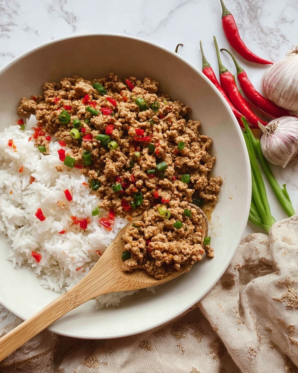 A white bowl filled with two layers: at the bottom, white rice mixed with small pieces of red chili, adding bright red spots, and on top, a thick layer of cooked ground meat with a brown color and mixed chopped green onions and red chili pieces, creating a colorful, textured look. A wooden spoon is placed inside the bowl scooping the meat, and beside the bowl, there are raw ingredients like red chili, green chili, garlic, lemongrass, and shallot placed on a beige cloth with soft creases, all set on a white marbled surface. Photo taken with an iphone --ar 4:5 --v 7