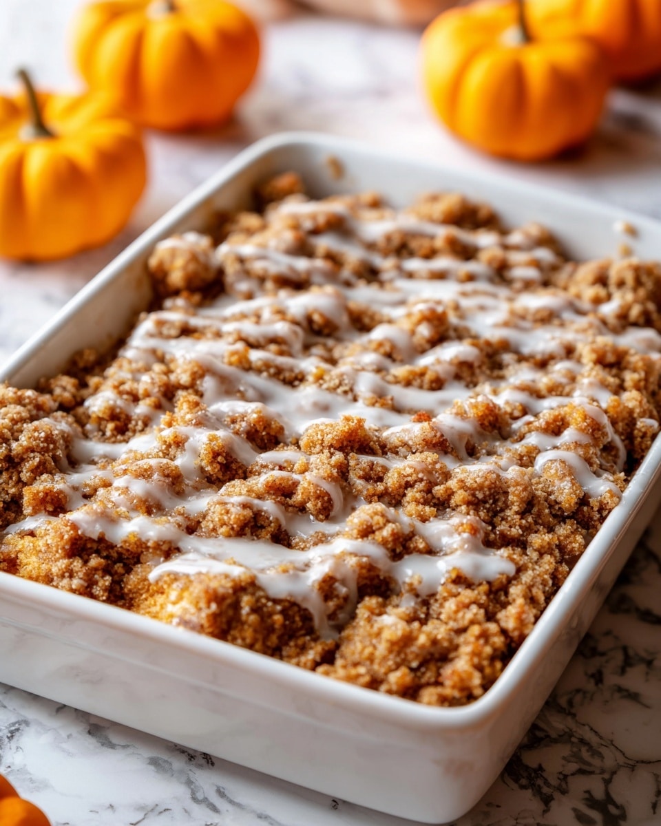 The image shows a white rectangular baking dish filled with a pumpkin dessert topped with a crumbly, golden-brown streusel layer that looks crunchy and uneven with small and big chunks. Over the streusel, there is a light drizzle of white glaze, giving a shiny, smooth contrast to the textured topping. The dish sits on a white marbled surface, and in the background, there are some whole small orange pumpkins adding a warm fall atmosphere. Photo taken with an iphone --ar 4:5 --v 7