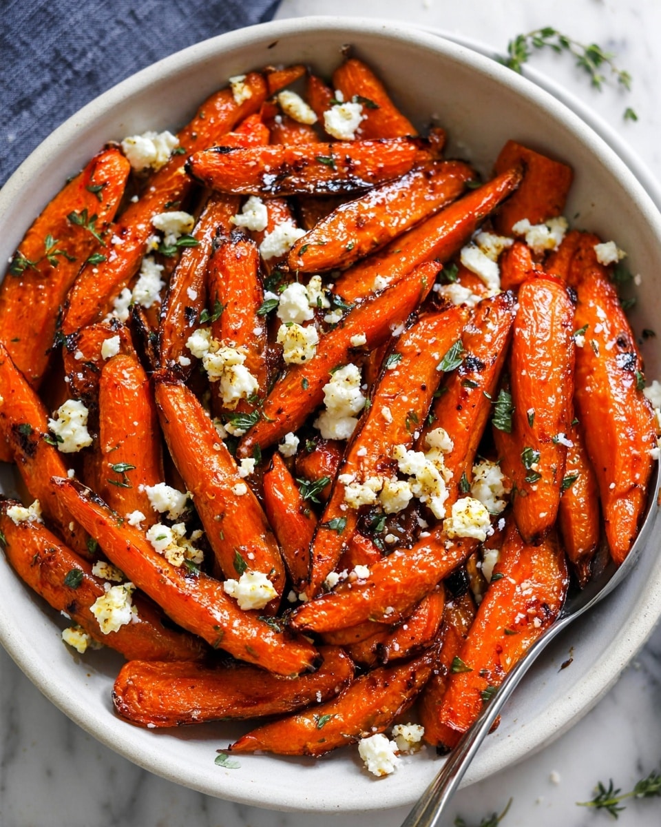 A white bowl filled with roasted carrot pieces, each carrot slice showing a deep orange color with some browned, slightly charred edges. Crumbled white cheese is sprinkled all over the carrots, adding a soft texture contrast. Small green herb leaves are scattered on top, giving a fresh look. A silver spoon rests inside the bowl on the right side, partially under the carrots. In the background, there is a small wooden bowl with green herbs and a white bowl with dark sauce, all placed on a white marbled surface. photo taken with an iphone --ar 4:5 --v 7